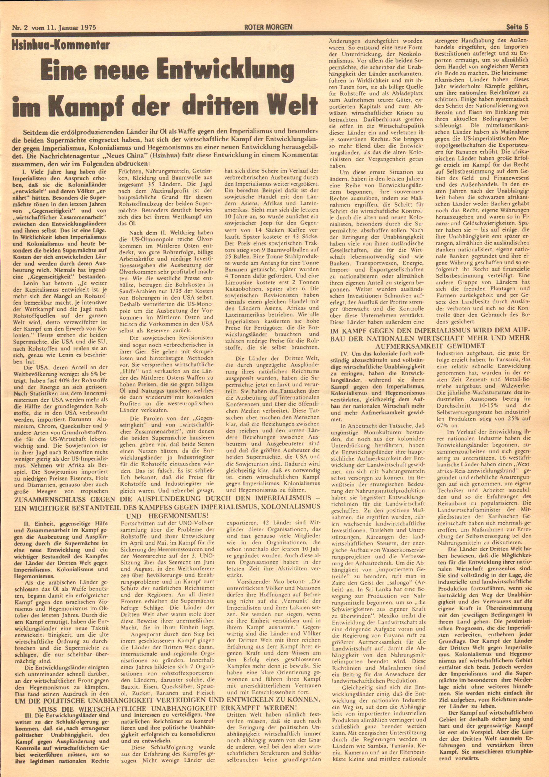 Roter Morgen, 9. Jg., 11. Januar 1975, Nr. 2, Seite 5