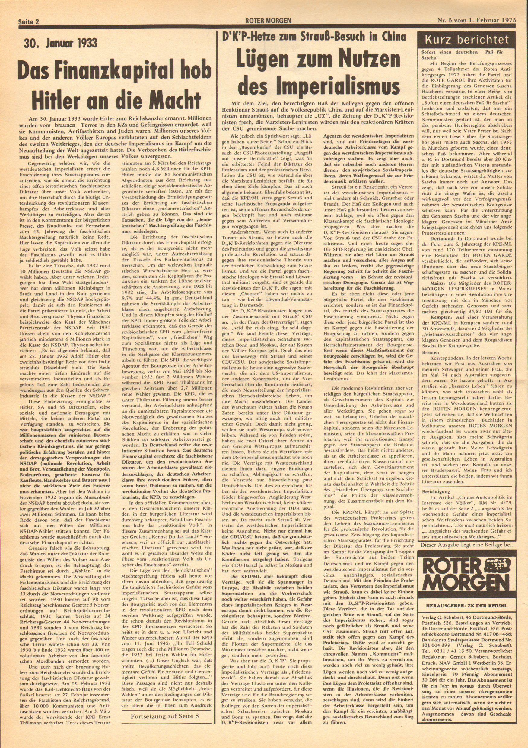 Roter Morgen, 9. Jg., 1. Februar 1975, Nr. 5, Seite 2