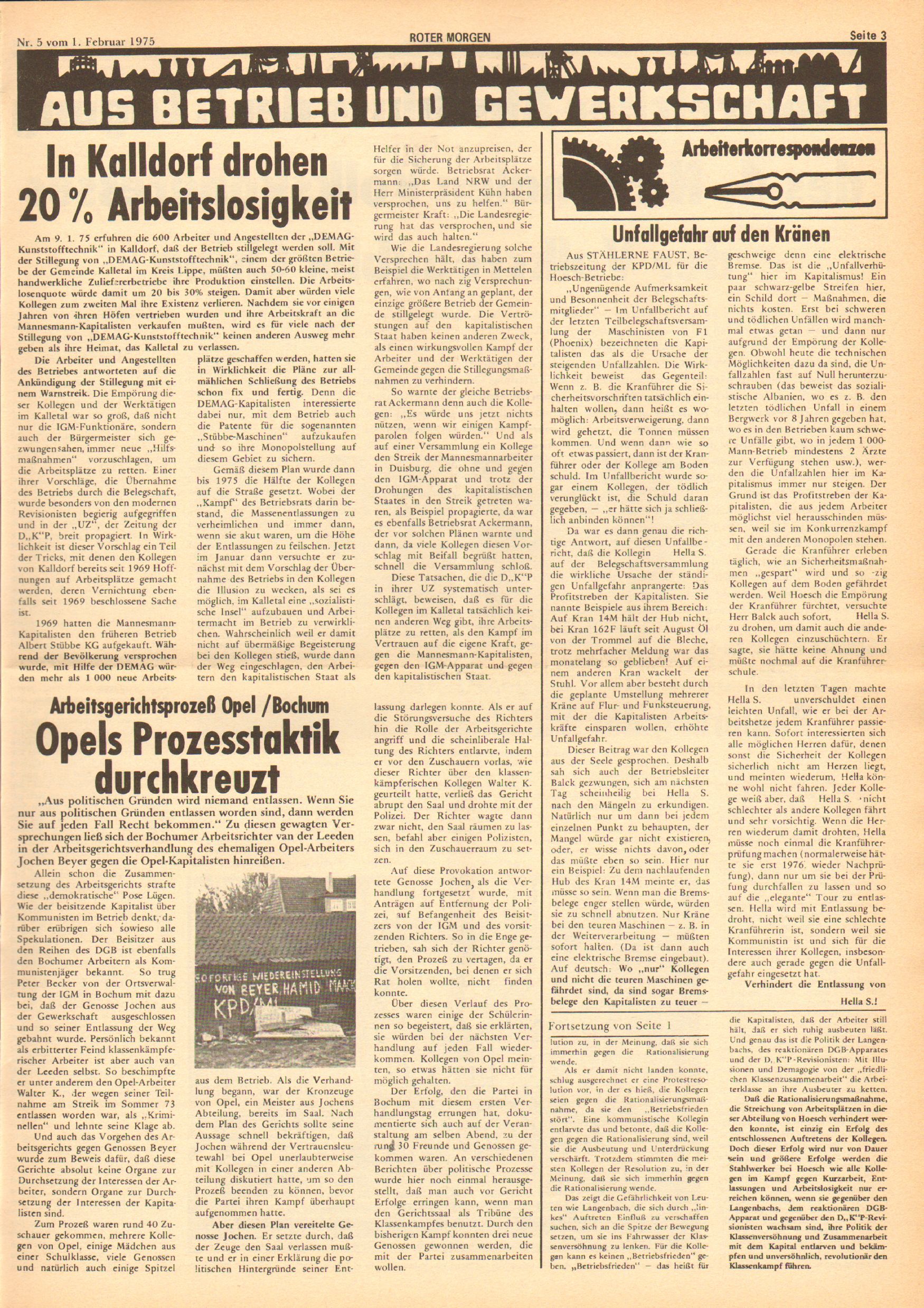 Roter Morgen, 9. Jg., 1. Februar 1975, Nr. 5, Seite 3