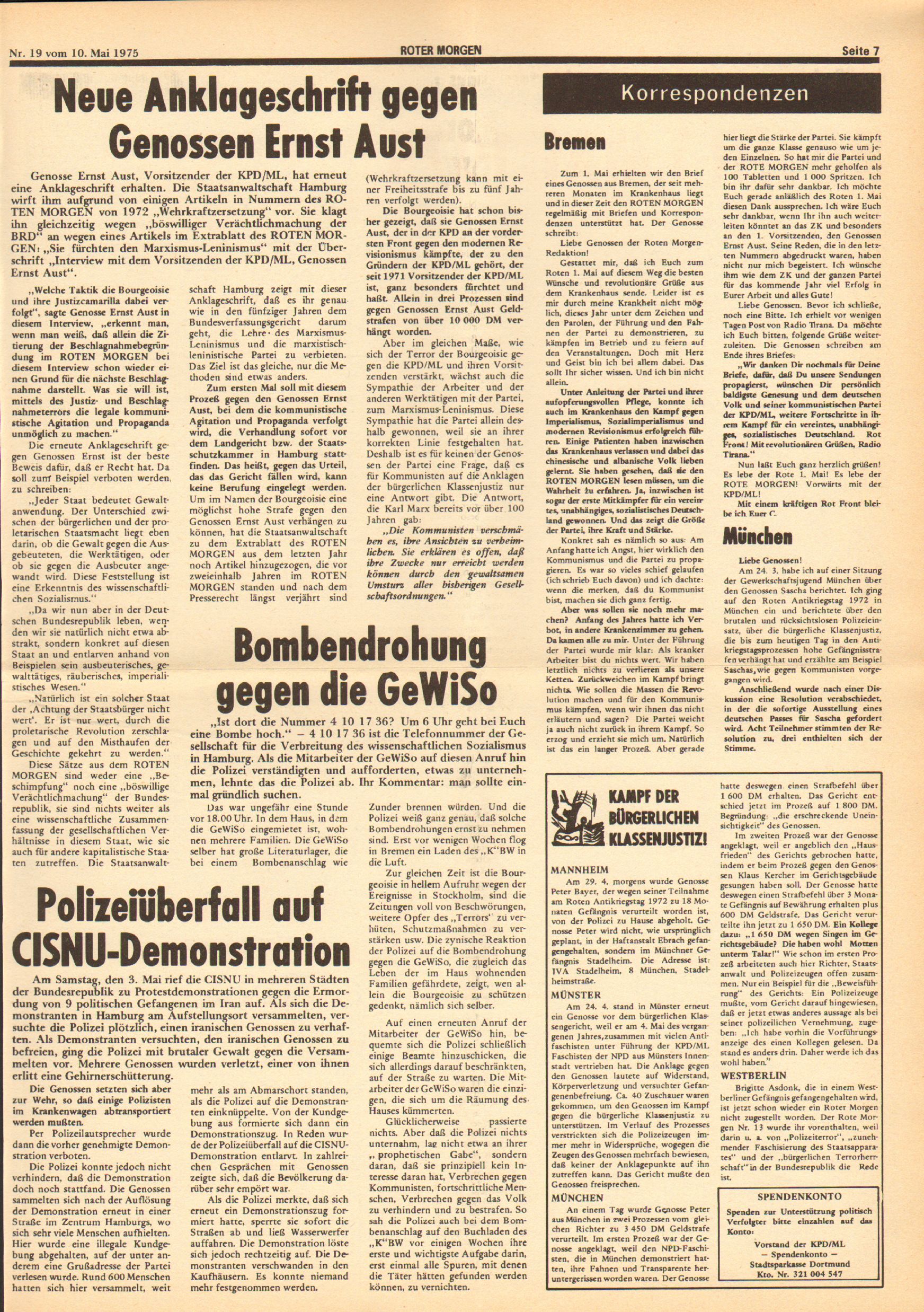 Roter Morgen, 9. Jg., 10. Mai 1975, Nr. 19, Seite 7