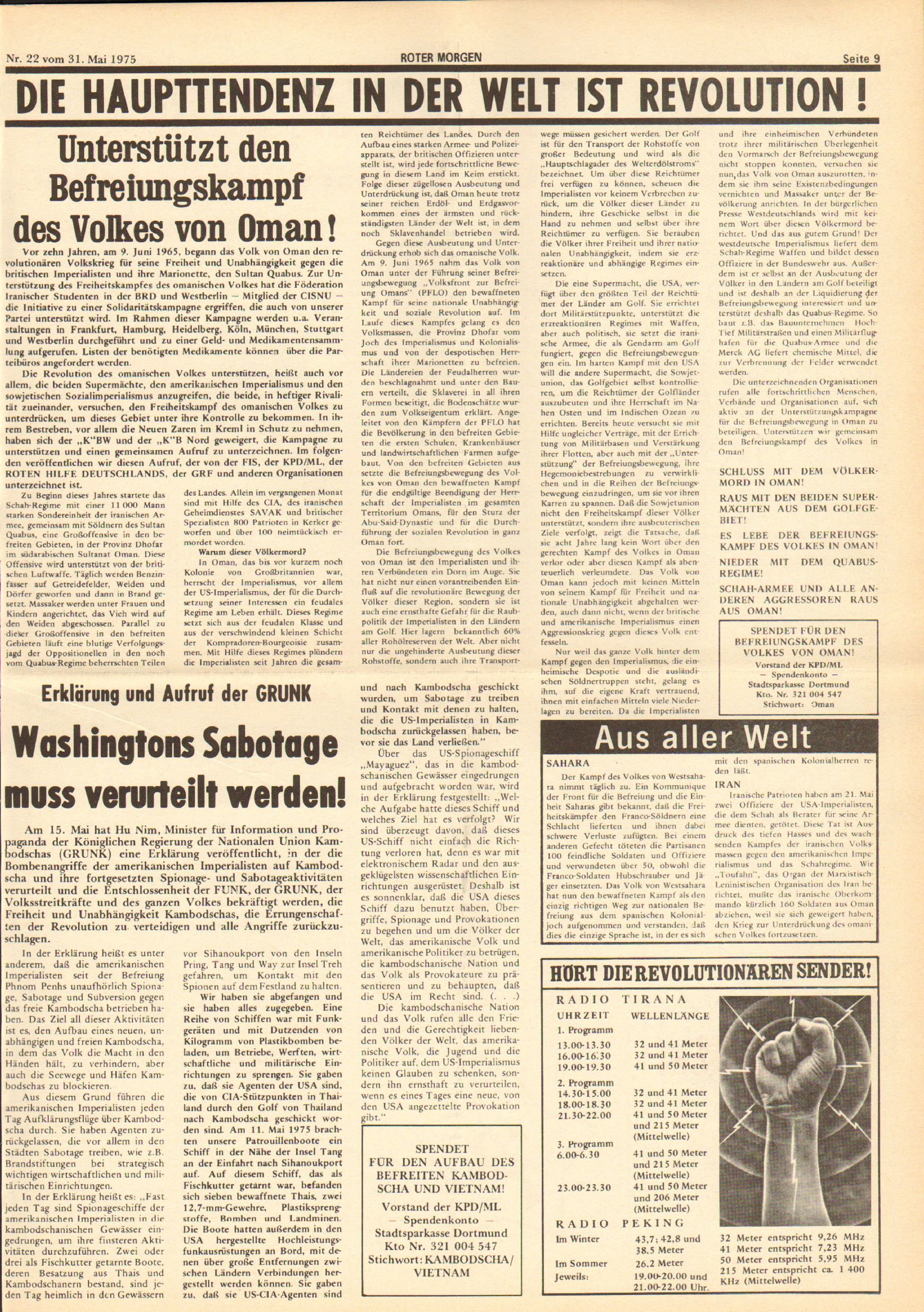 Roter Morgen, 9. Jg., 31. Mai 1975, Nr. 22, Beilage zur GRF, Seite 1 und 8