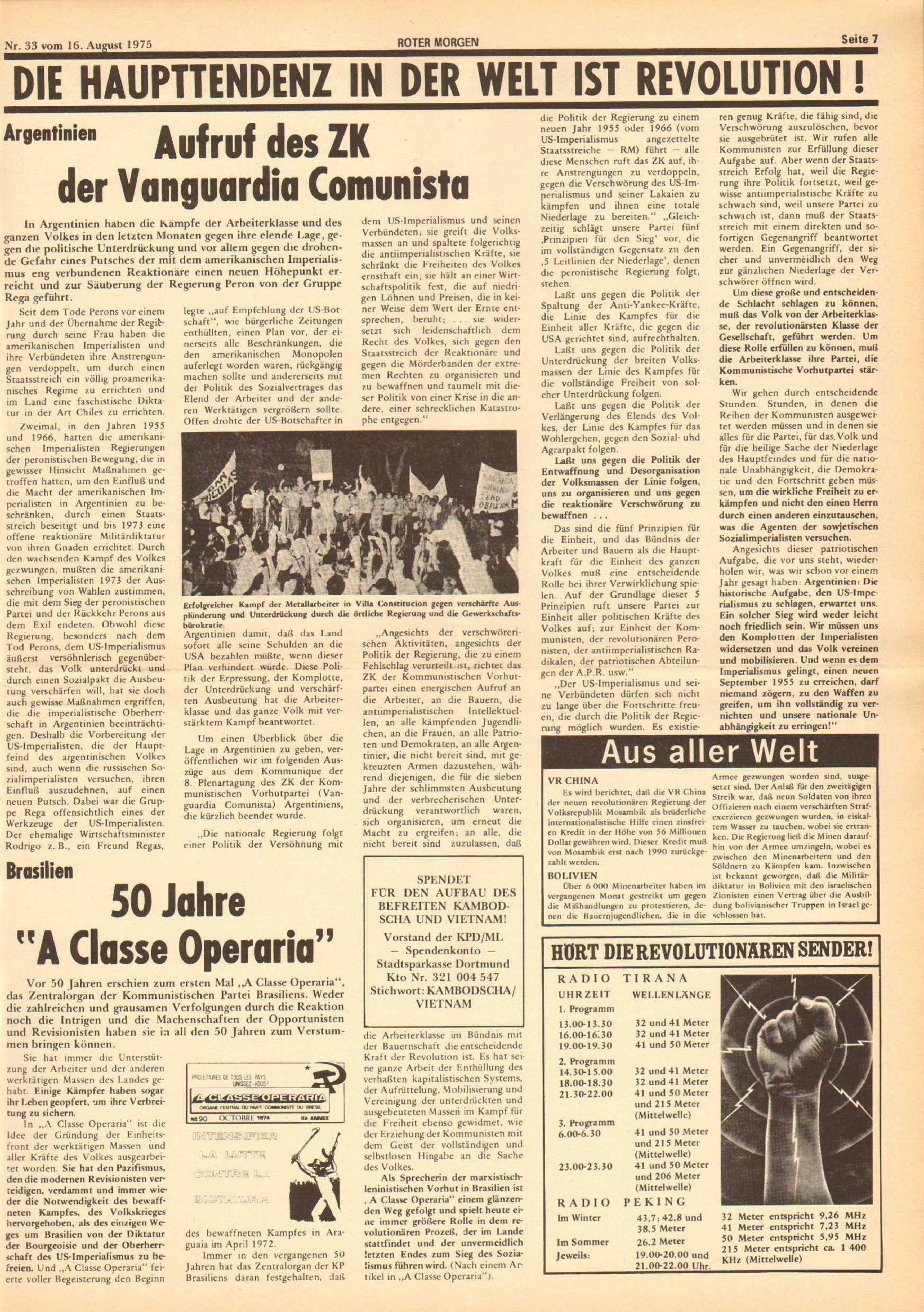 Roter Morgen, 9. Jg., 16. August 1975, Nr. 33, Seite 7