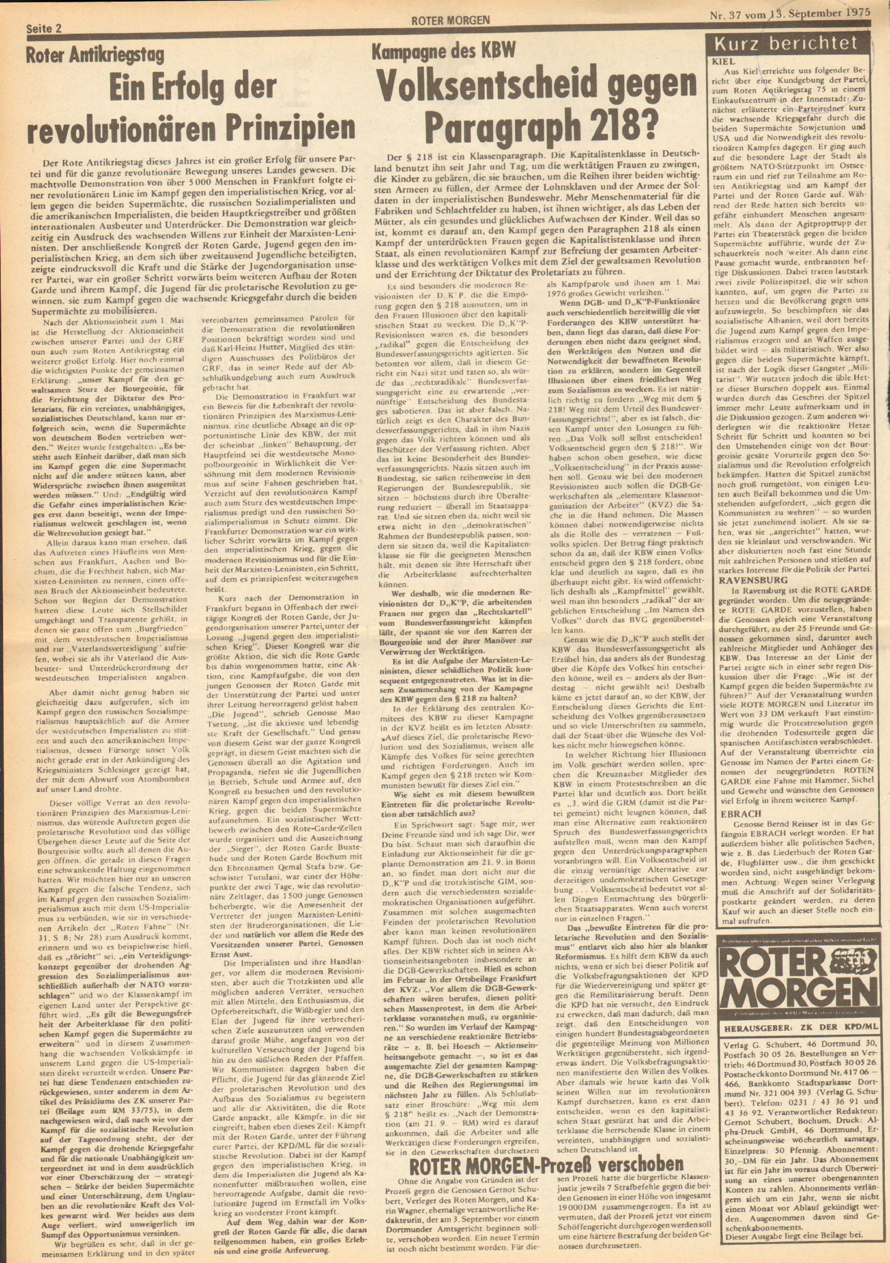 Roter Morgen, 9. Jg., 13. September 1975, Nr. 37, Seite 2