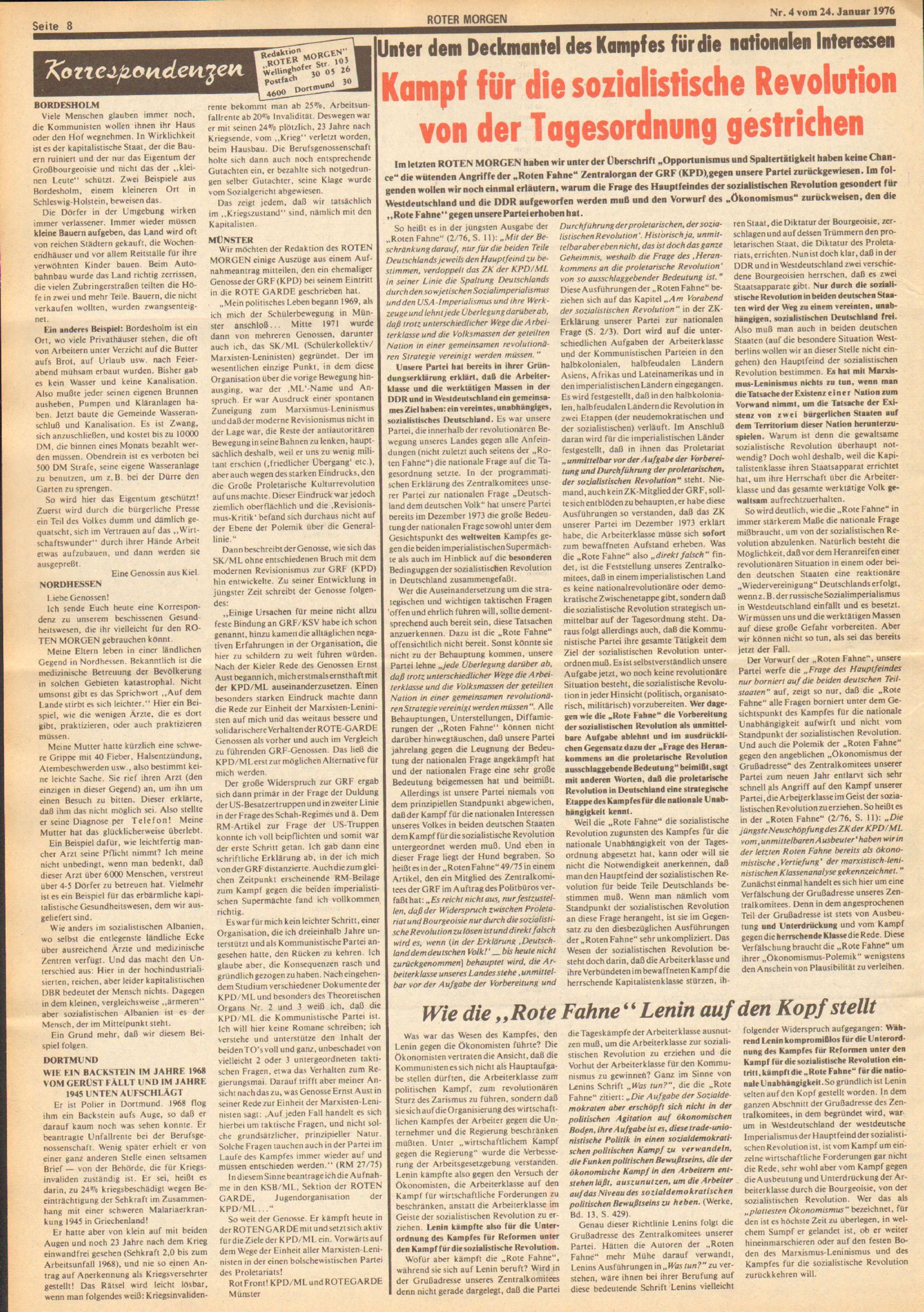 Roter Morgen, 10. Jg., 24. Januar 1976, Nr. 4, Seite 8