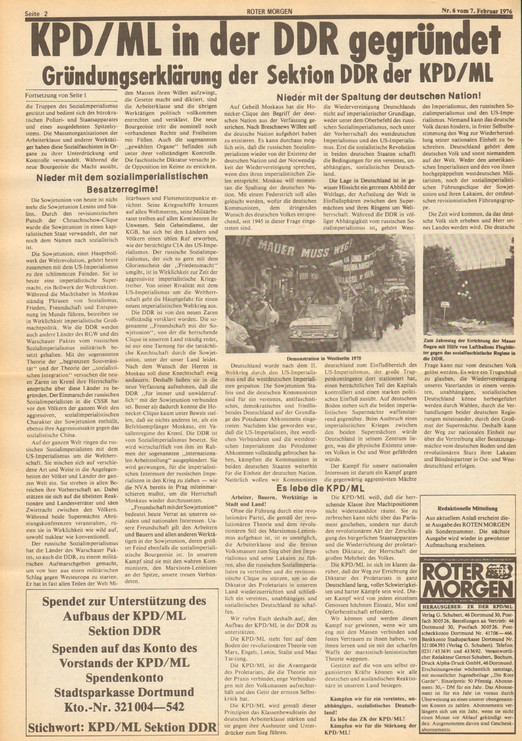 Roter Morgen, 10. Jg., 7. Februar 1976, Nr. 6, Seite 2