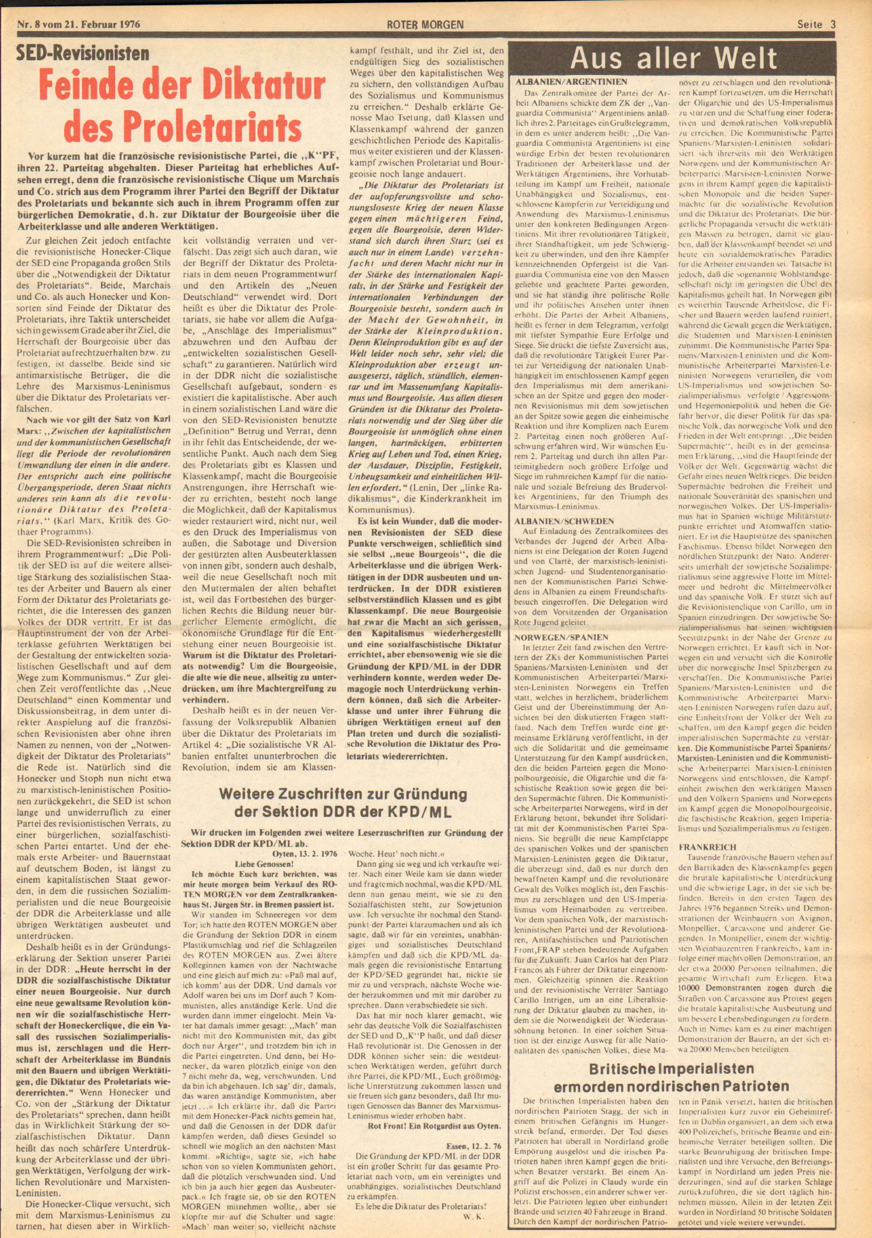 Roter Morgen, 10. Jg.,21. Februar 1976, Nr. 8, Seite 3
