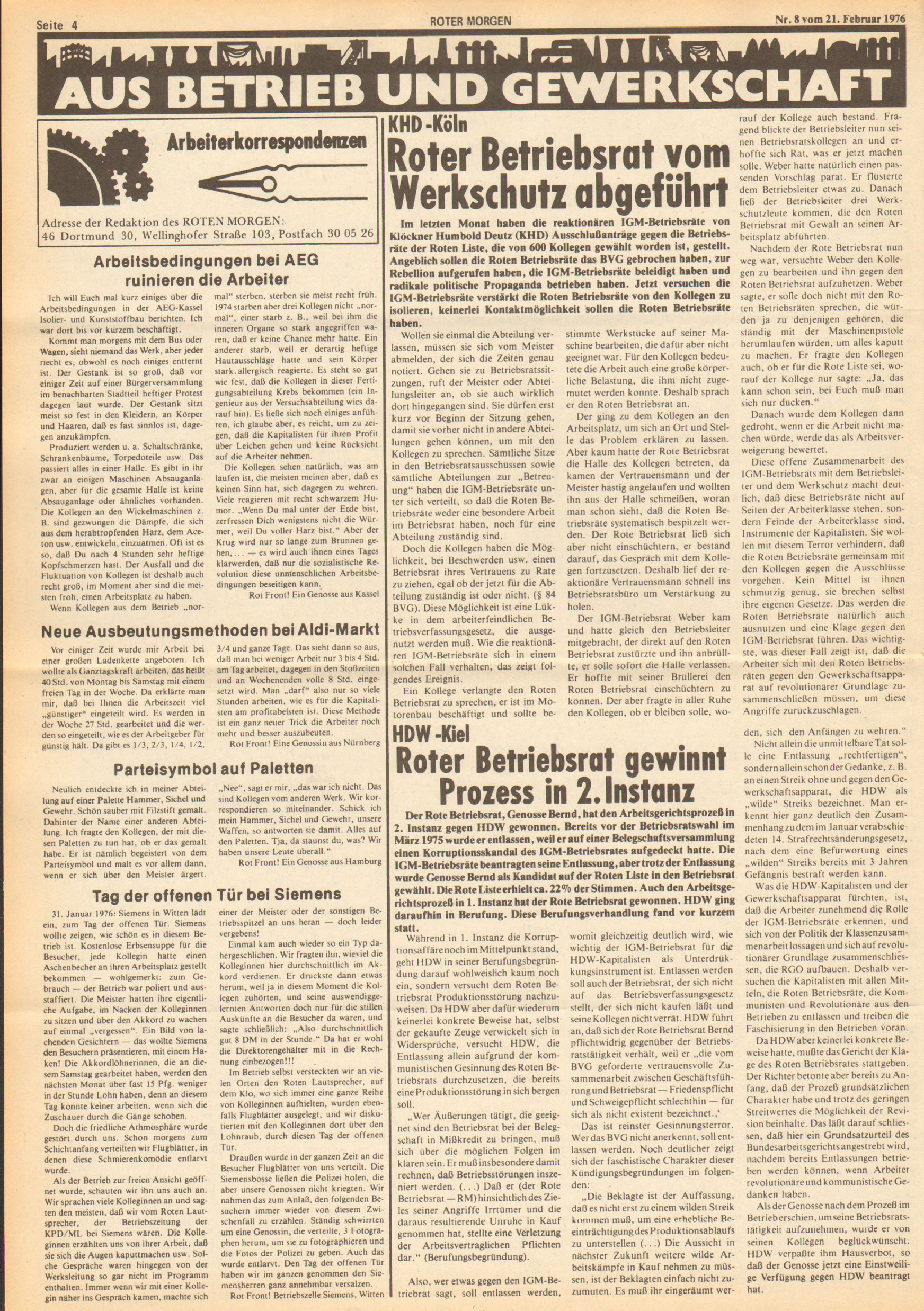 Roter Morgen, 10. Jg.,21. Februar 1976, Nr. 8, Seite 4