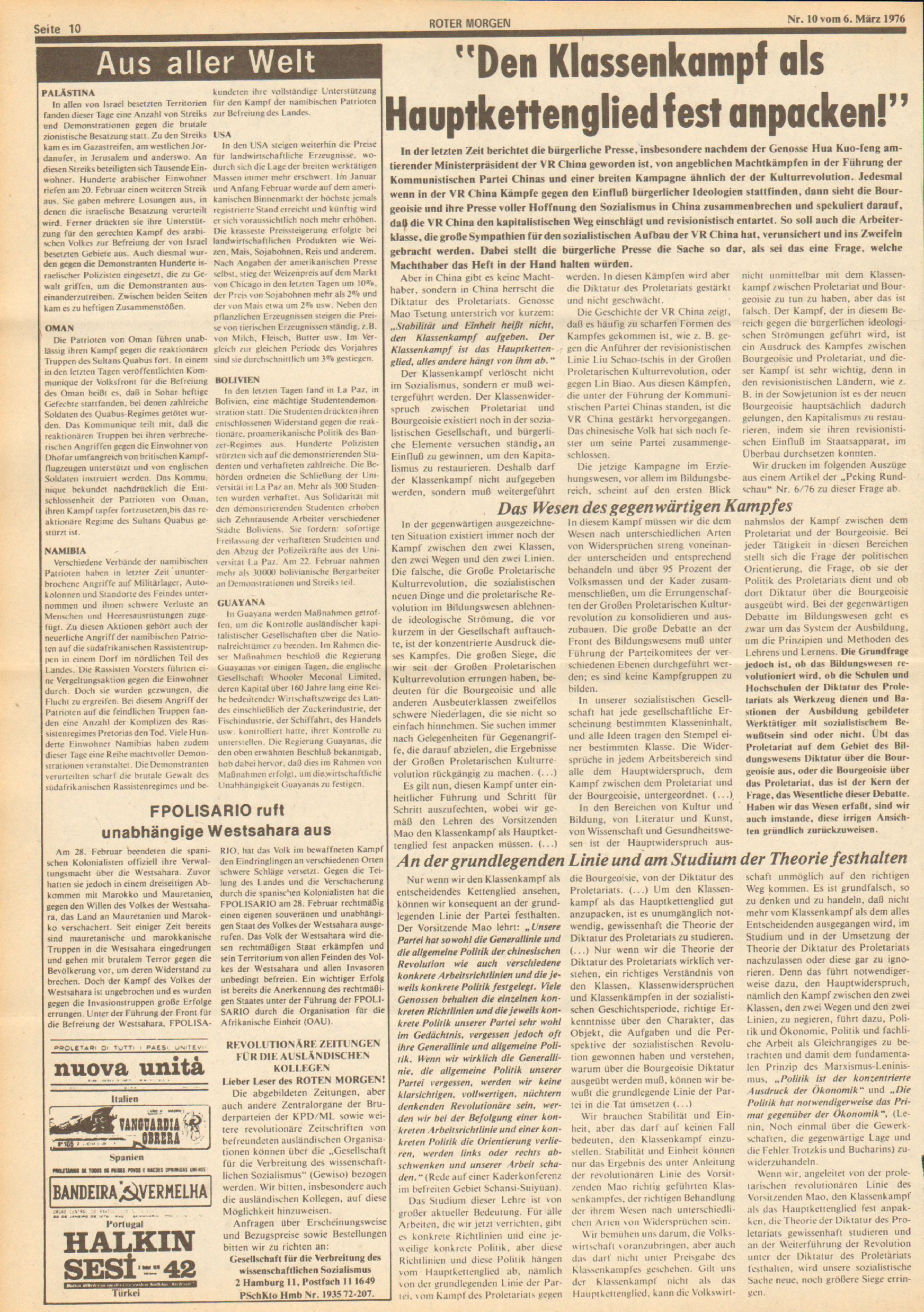 Roter Morgen, 10. Jg., 6. März 1976, Nr. 10, Seite 10