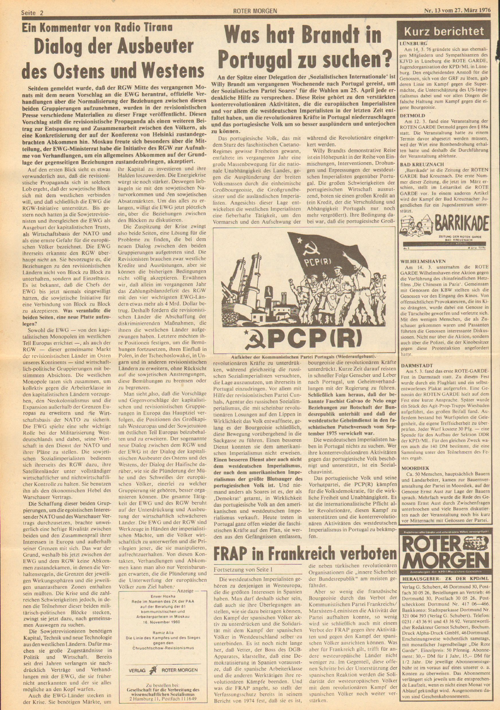 Roter Morgen, 10. Jg., 27. März 1976, Nr. 13, Seite 2
