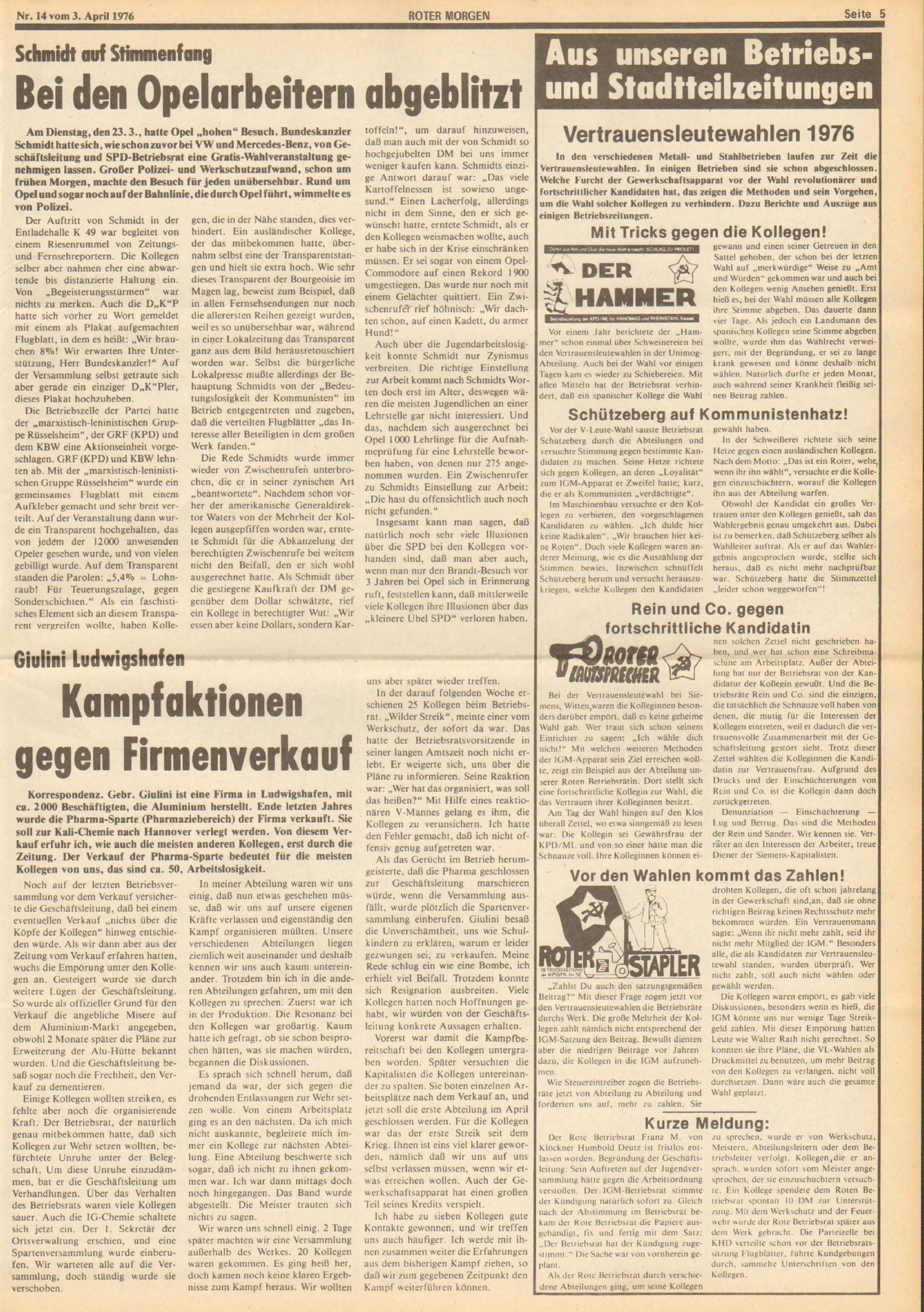 Roter Morgen, 10. Jg., 3. April 1976, Nr. 14, Seite 5