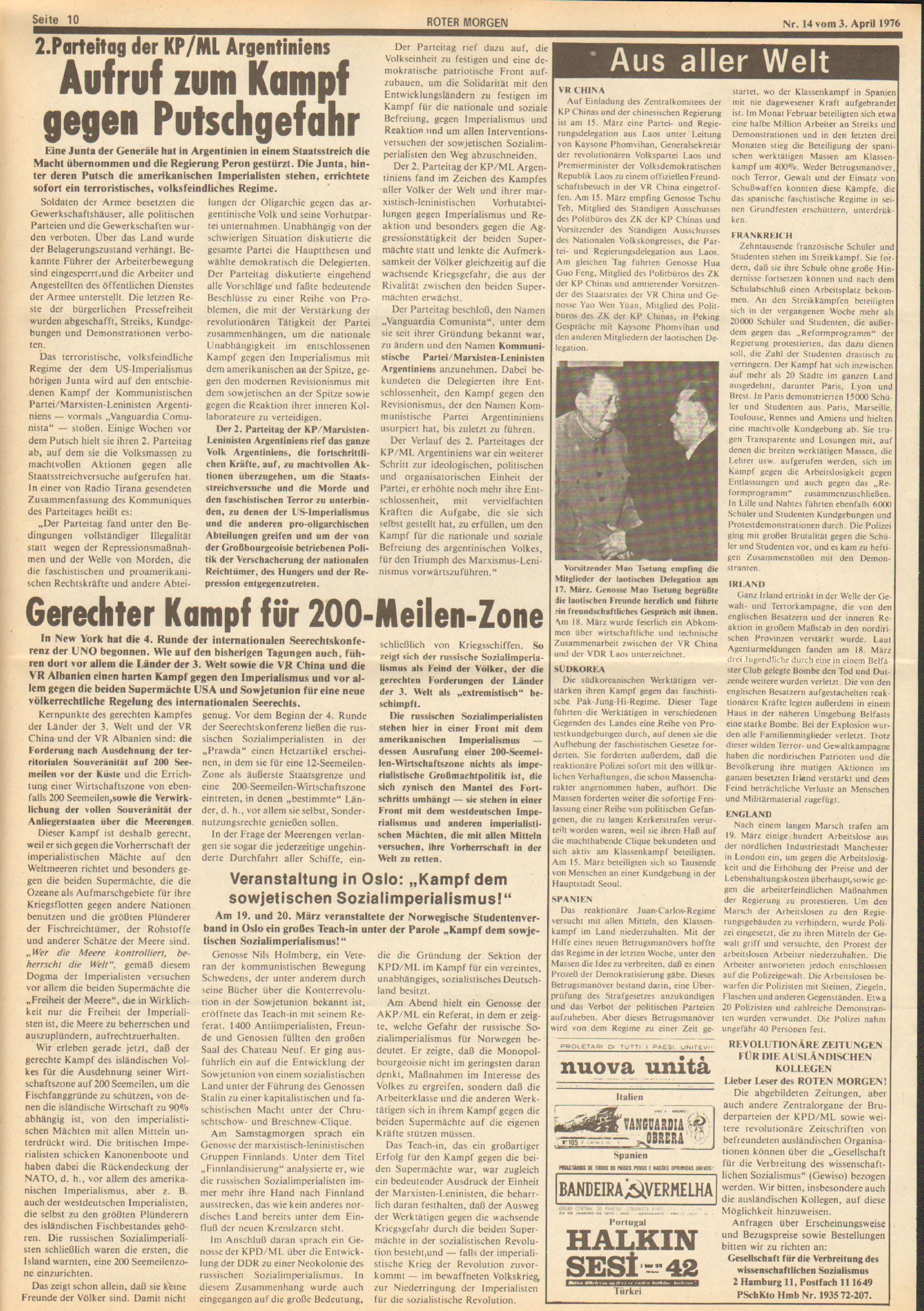 Roter Morgen, 10. Jg., 3. April 1976, Nr. 14, Seite 10