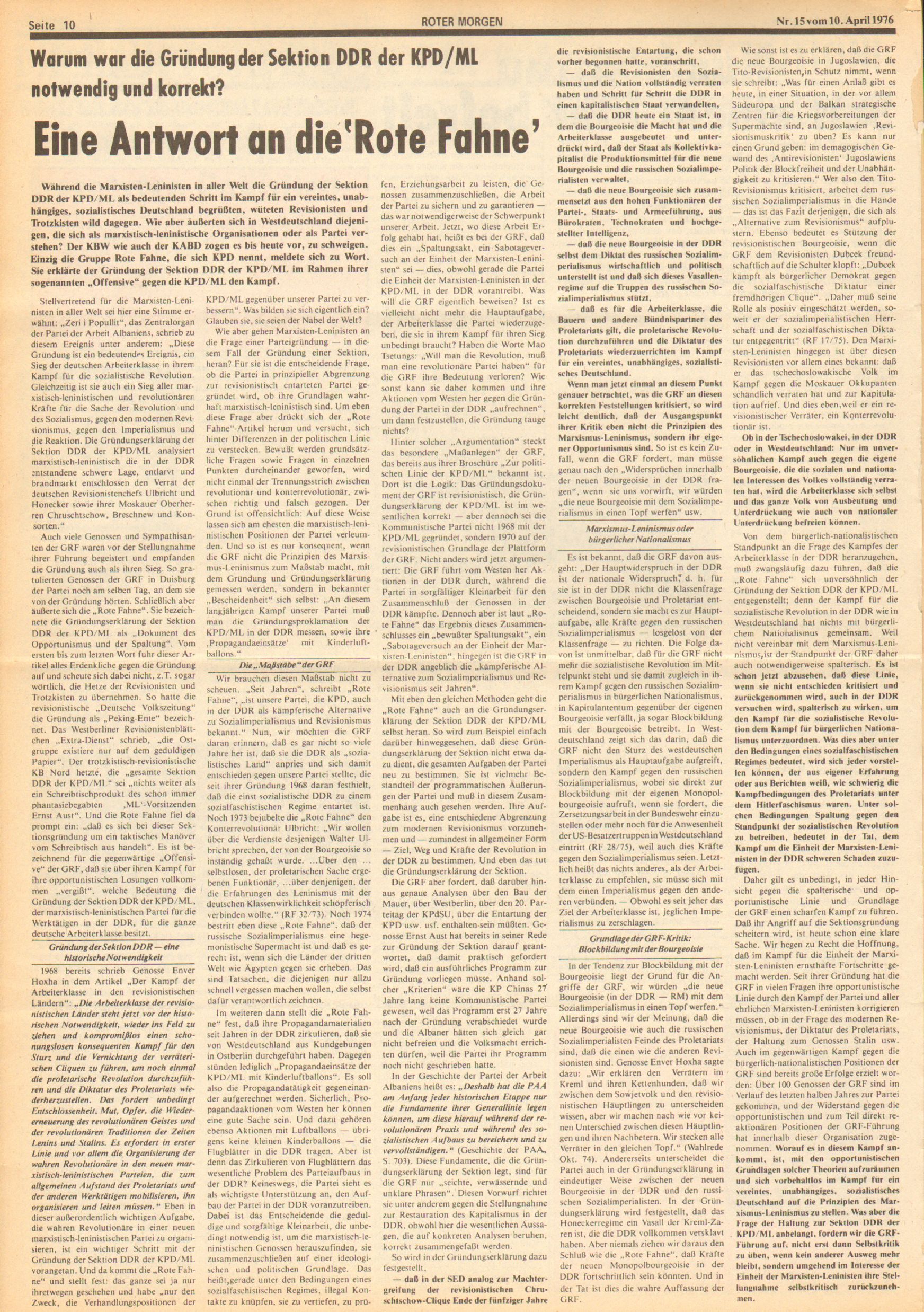 Roter Morgen, 10. Jg., 10. April 1976, Nr. 15, Seite 10
