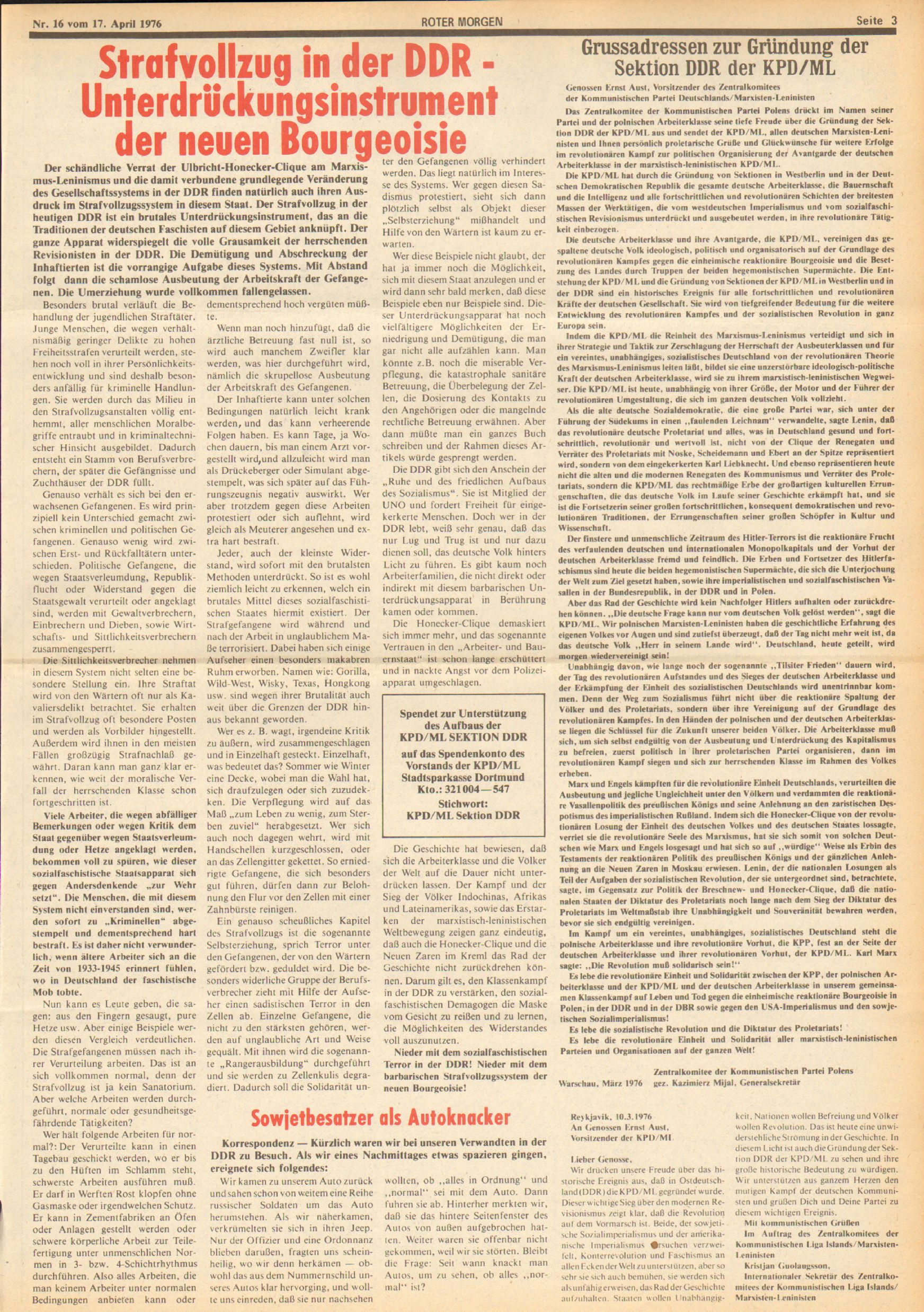 Roter Morgen, 10. Jg., 17. April 1976, Nr. 16, Seite 3