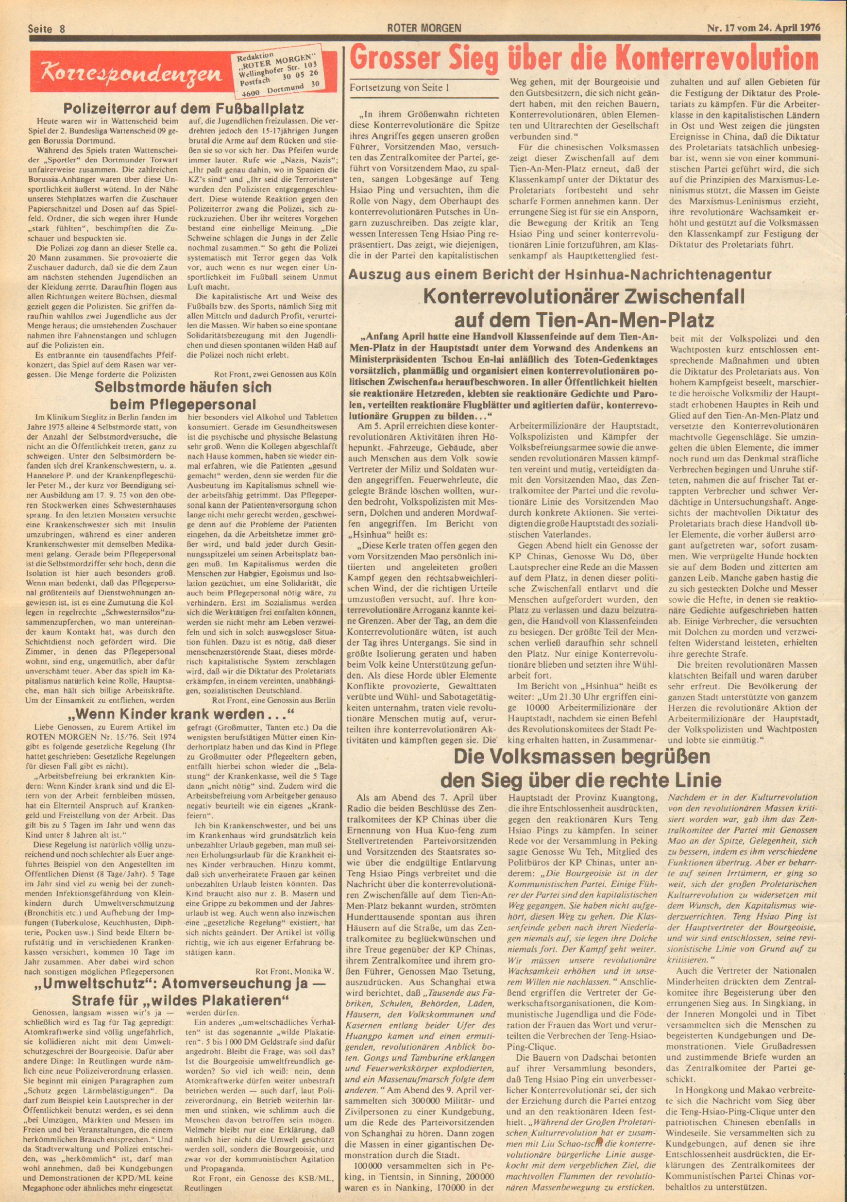Roter Morgen, 10. Jg., 24. April 1976, Nr. 17, Seite 8