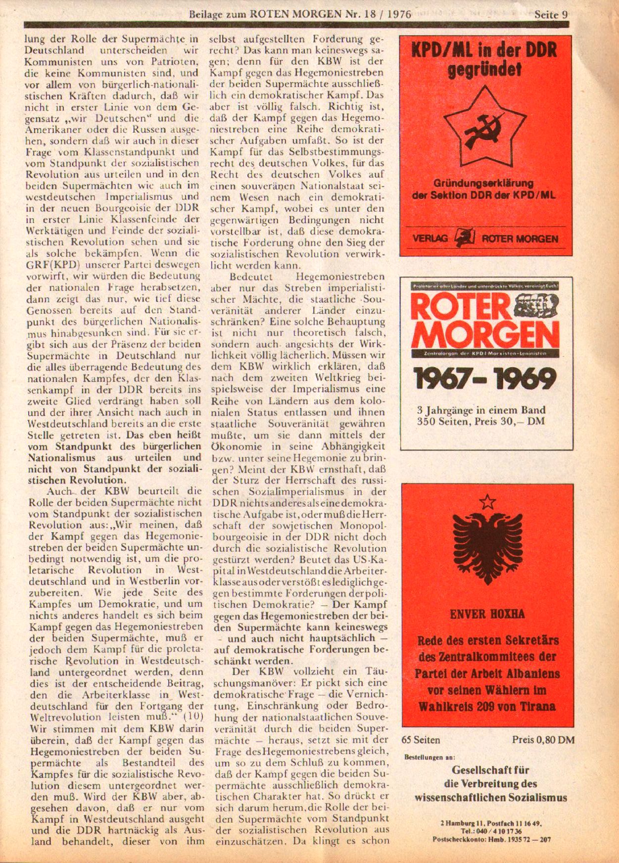 Roter Morgen, 10. Jg., 1. Mai 1976, Beilage: Stellungnahme des Präsidiums der KPD/ML, Seite 9