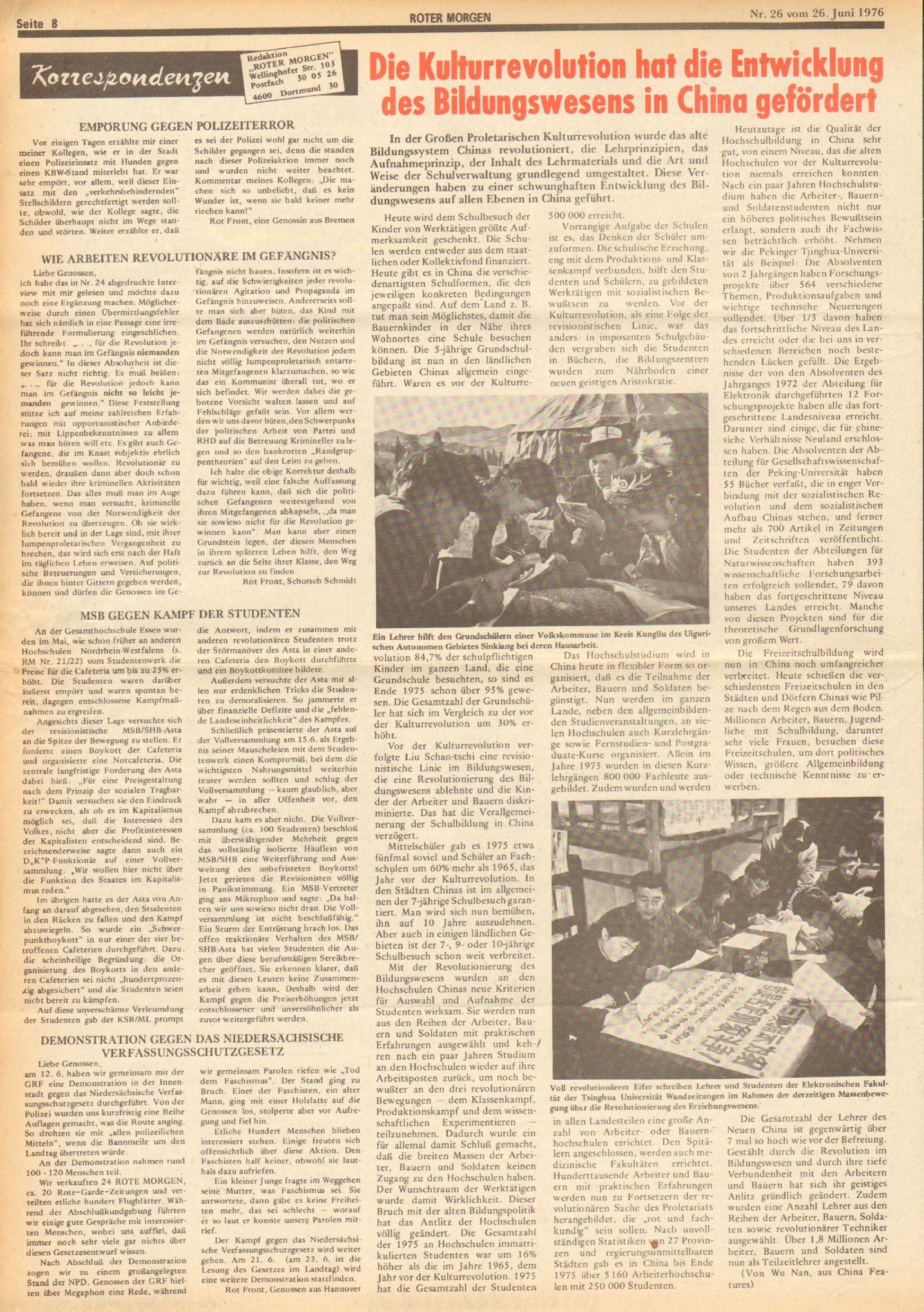Roter Morgen, 10. Jg., 26. Juni 1976, Nr. 26, Seite 8