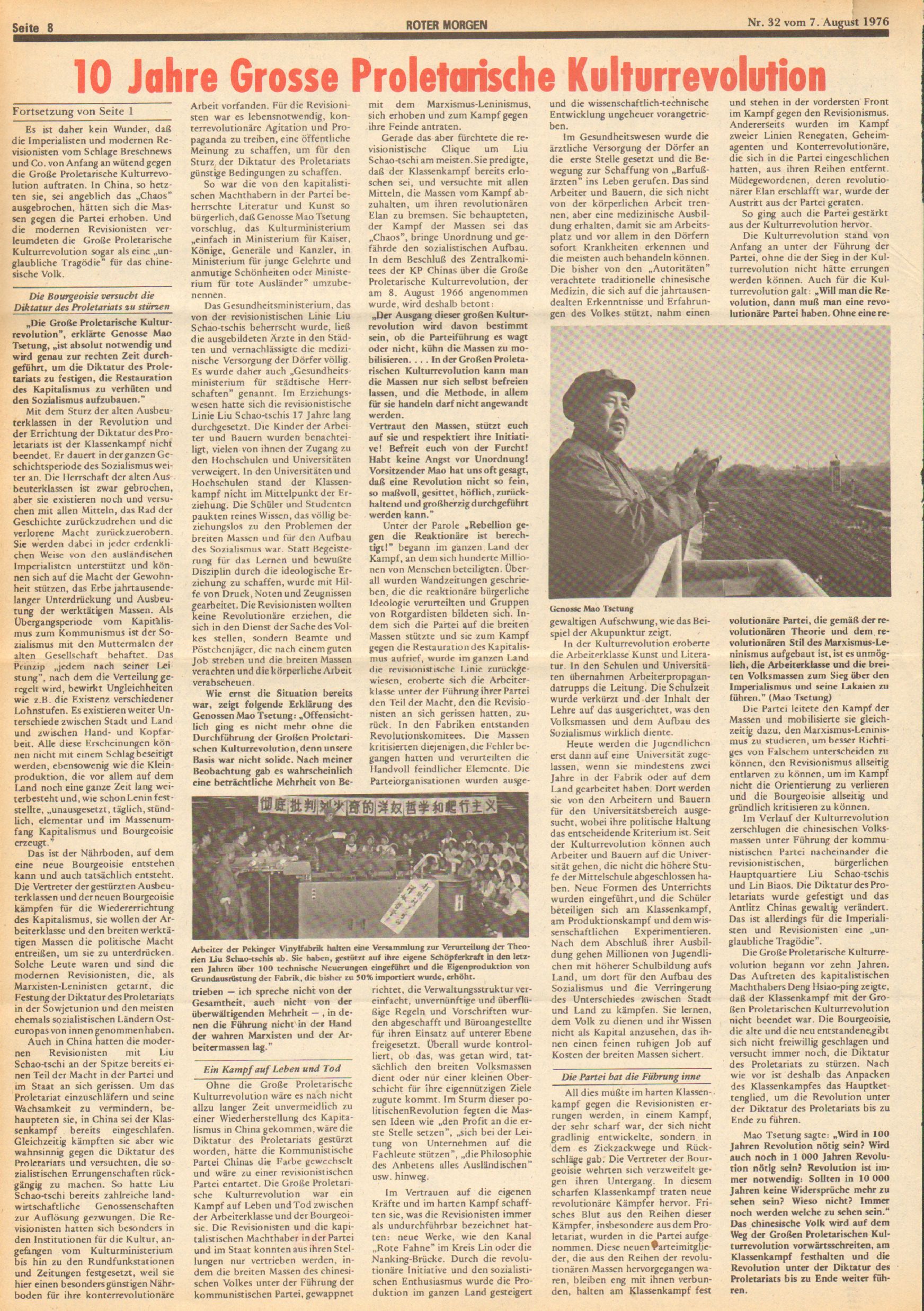 Roter Morgen, 10. Jg., 7. August 1976, Nr. 32, Seite 8