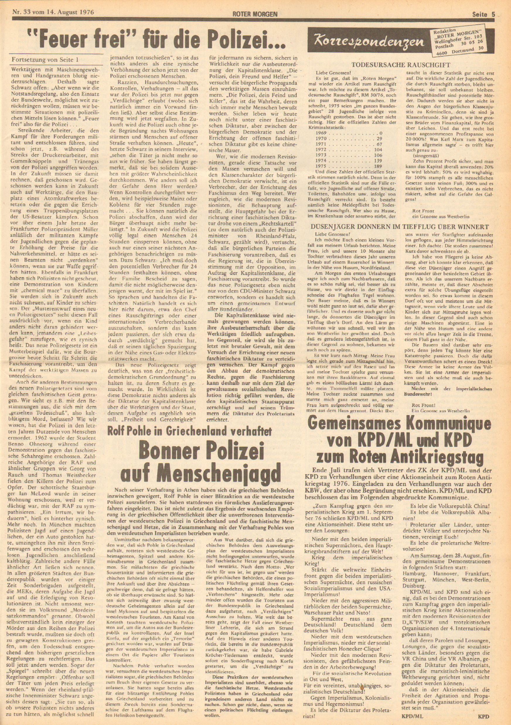 Roter Morgen, 10. Jg., 14. August 1976, Nr. 33, Seite 5