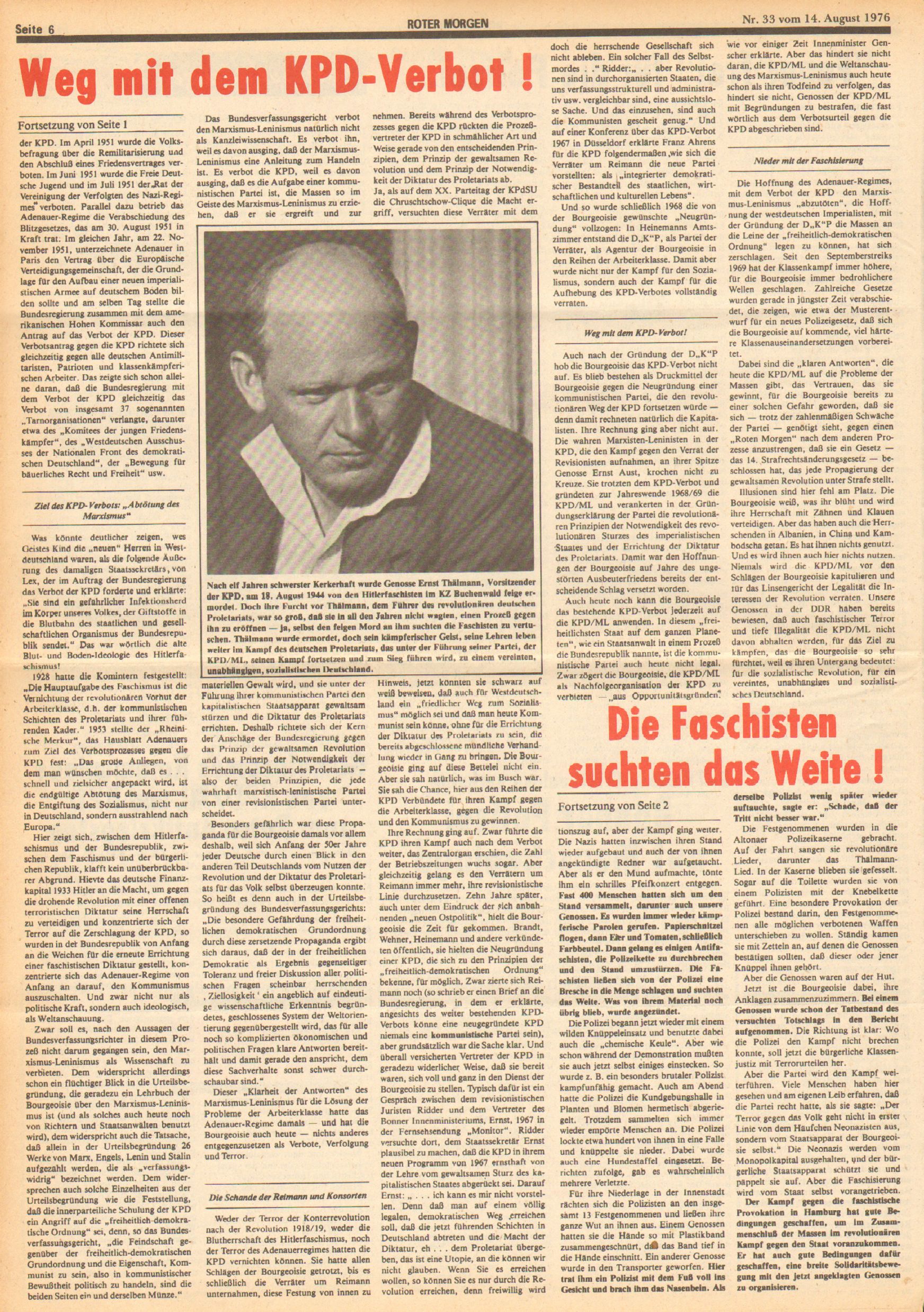 Roter Morgen, 10. Jg., 14. August 1976, Nr. 33, Seite 6