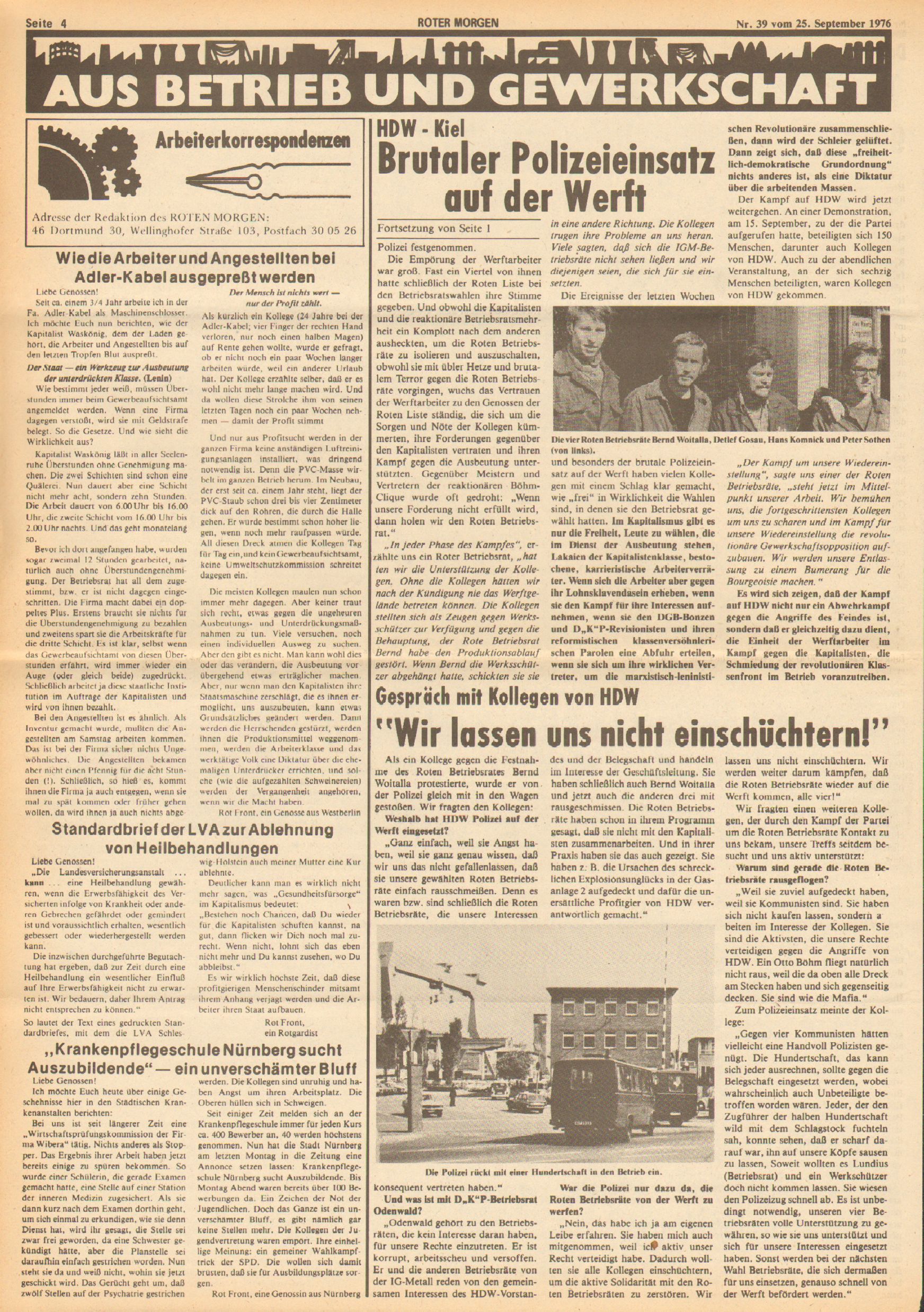 Roter Morgen, 10. Jg., 25. September 1976, Nr. 39, Seite 4