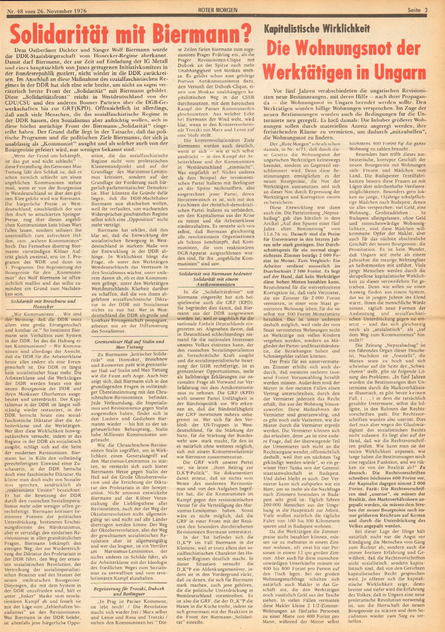 Roter Morgen, 10. Jg., 26. November 1976, Nr. 48, Seite 3