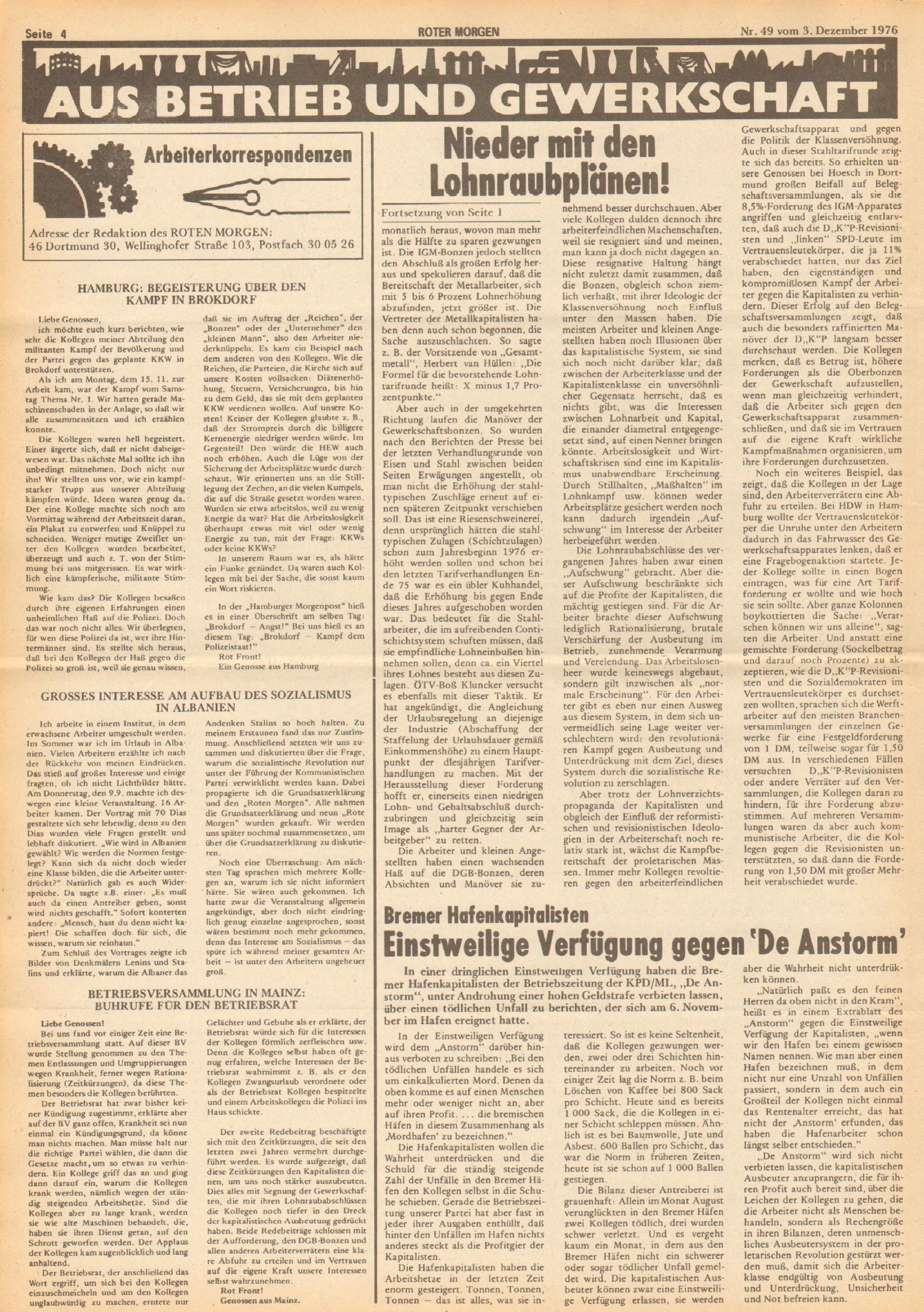 Roter Morgen, 10. Jg., 3. Dezember 1976, Nr. 49, Seite 4