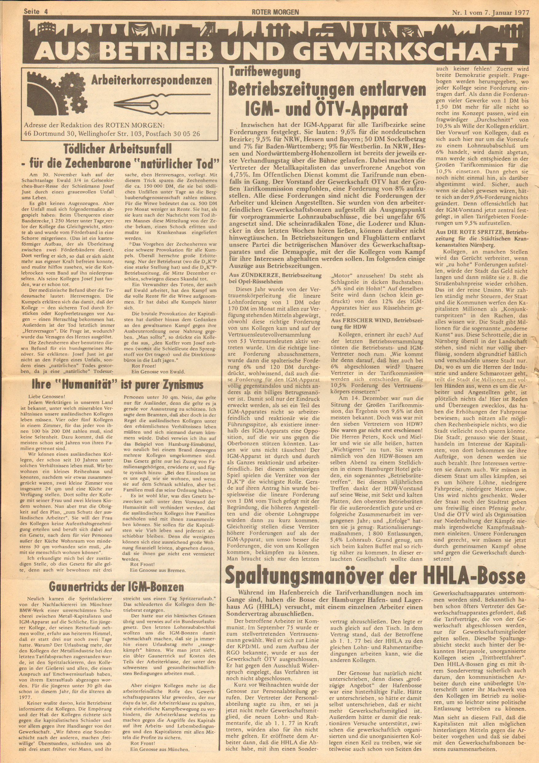 Roter Morgen, 11. Jg., 7. Januar 1977, Nr. 1, Seite 4