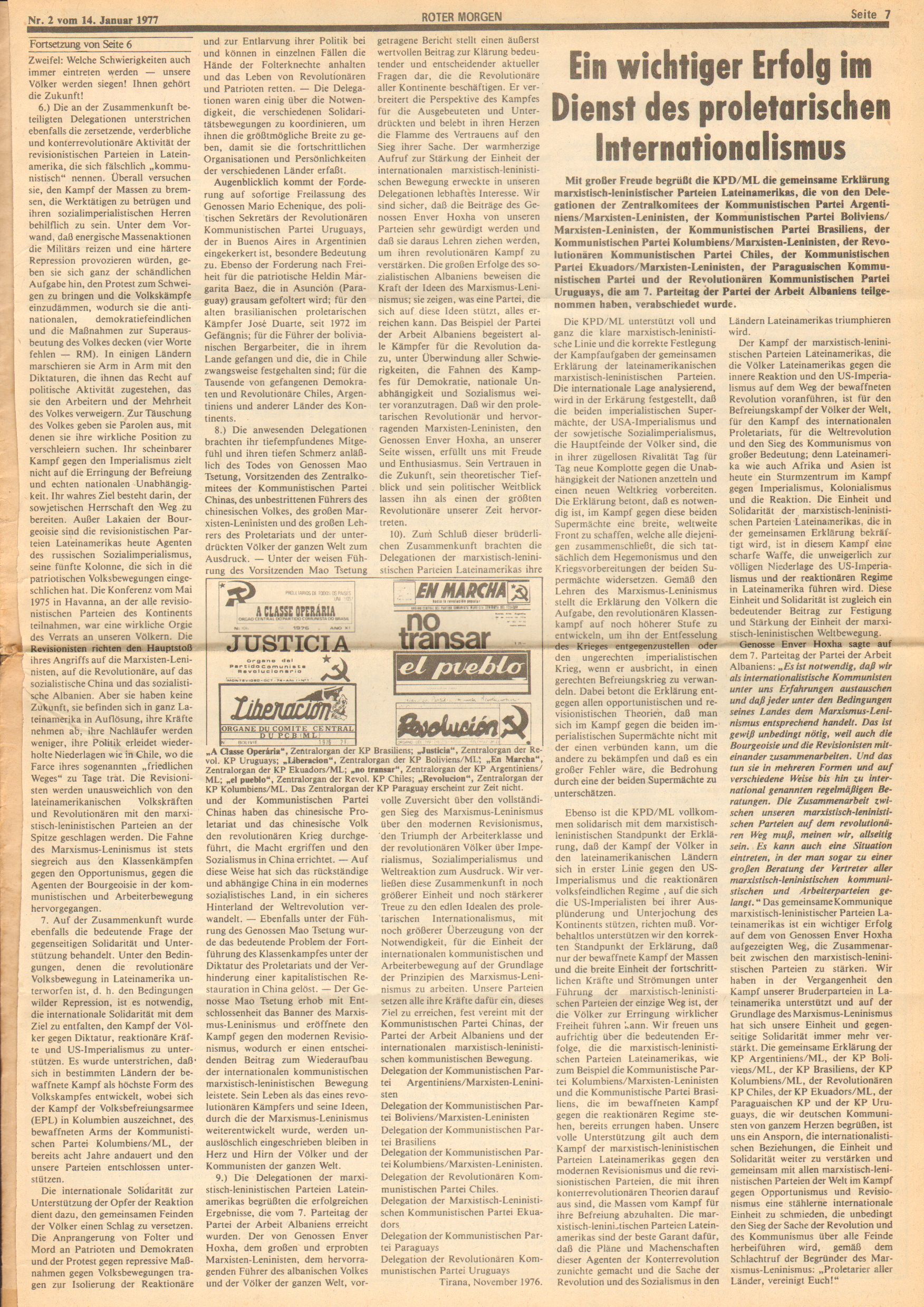 Roter Morgen, 11. Jg., 14. Januar 1977, Nr. 2, Seite 7