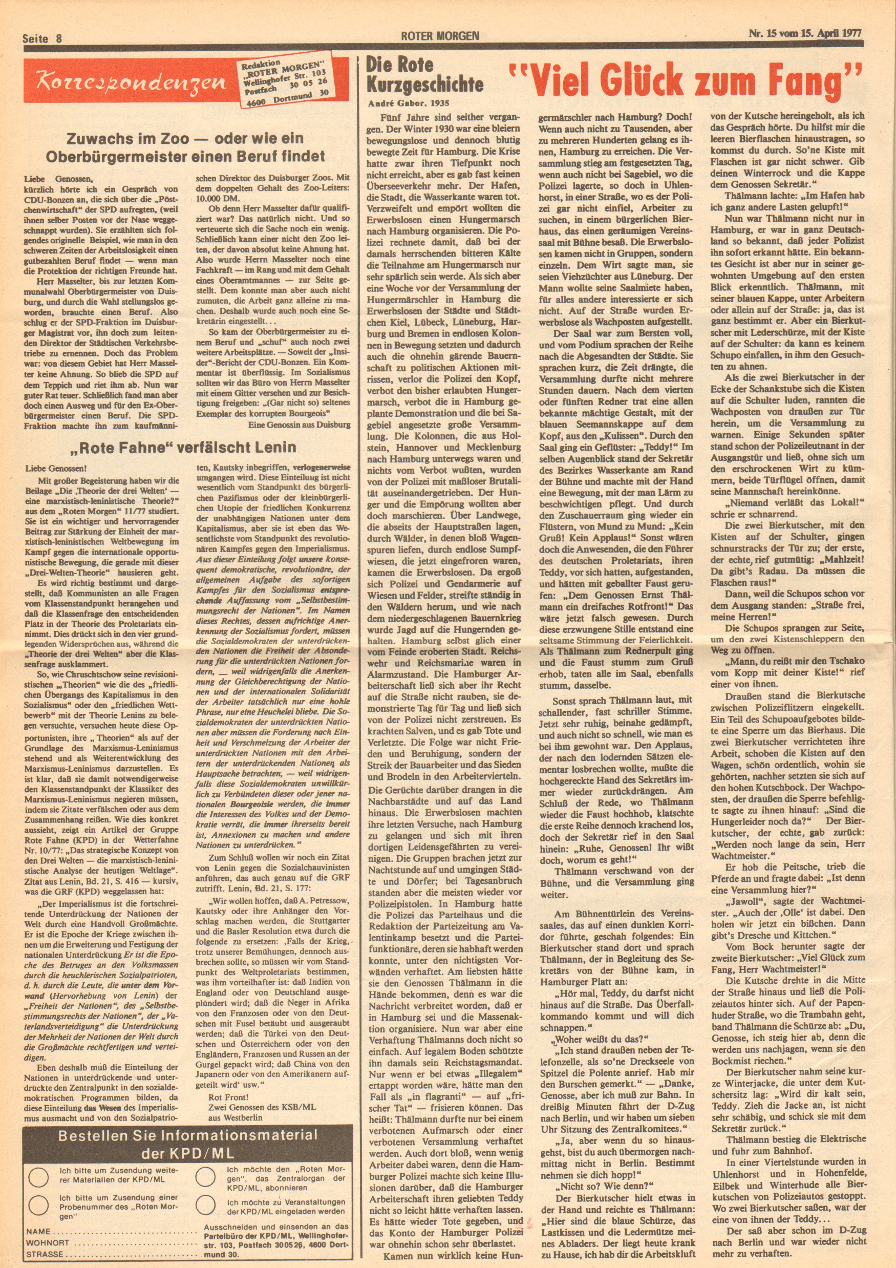 Roter Morgen, 11. Jg., 15. April 1977, Nr. 15, Seite 8