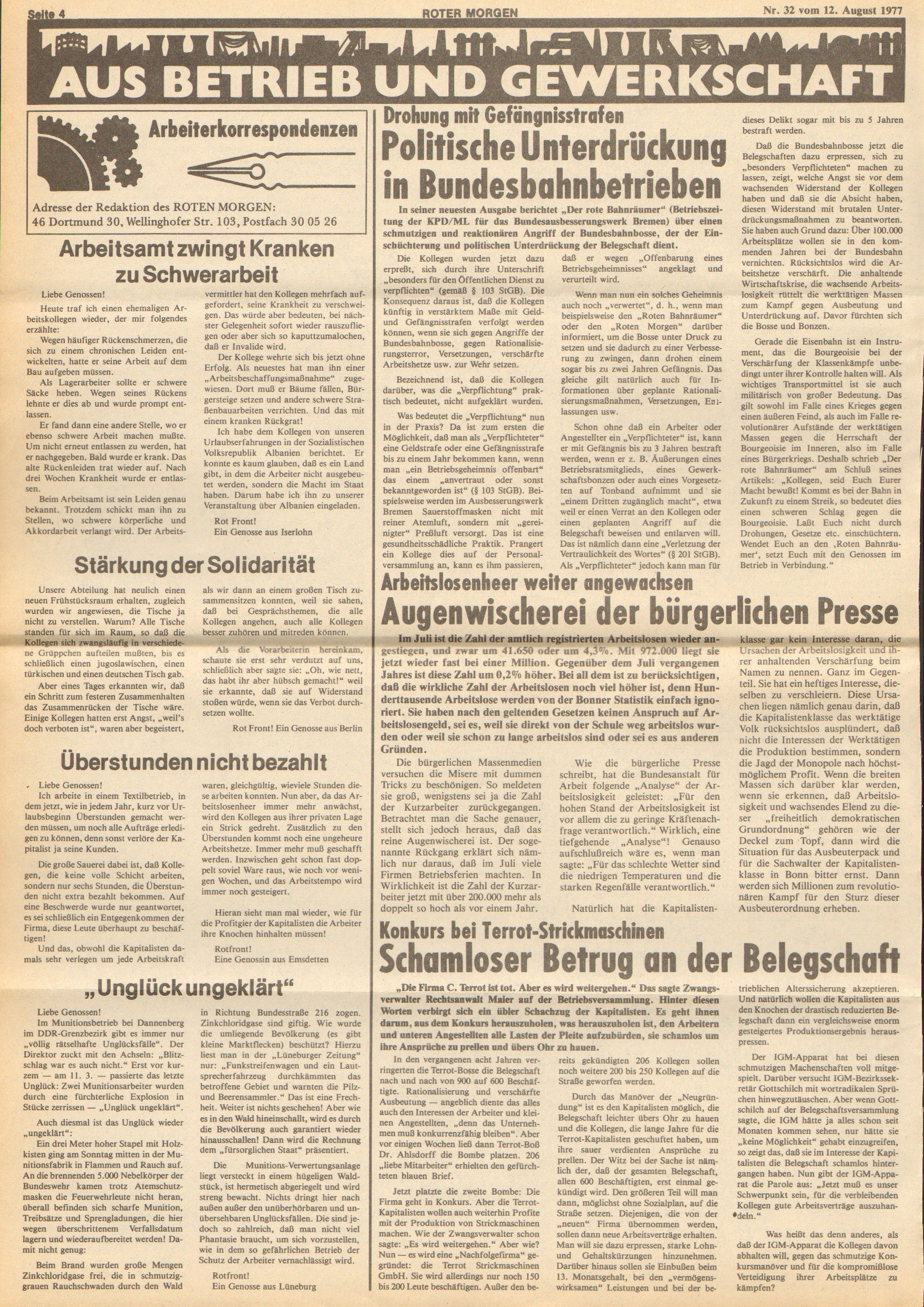 Roter Morgen, 11. Jg., 12. August 1977, Nr. 32, Seite 4
