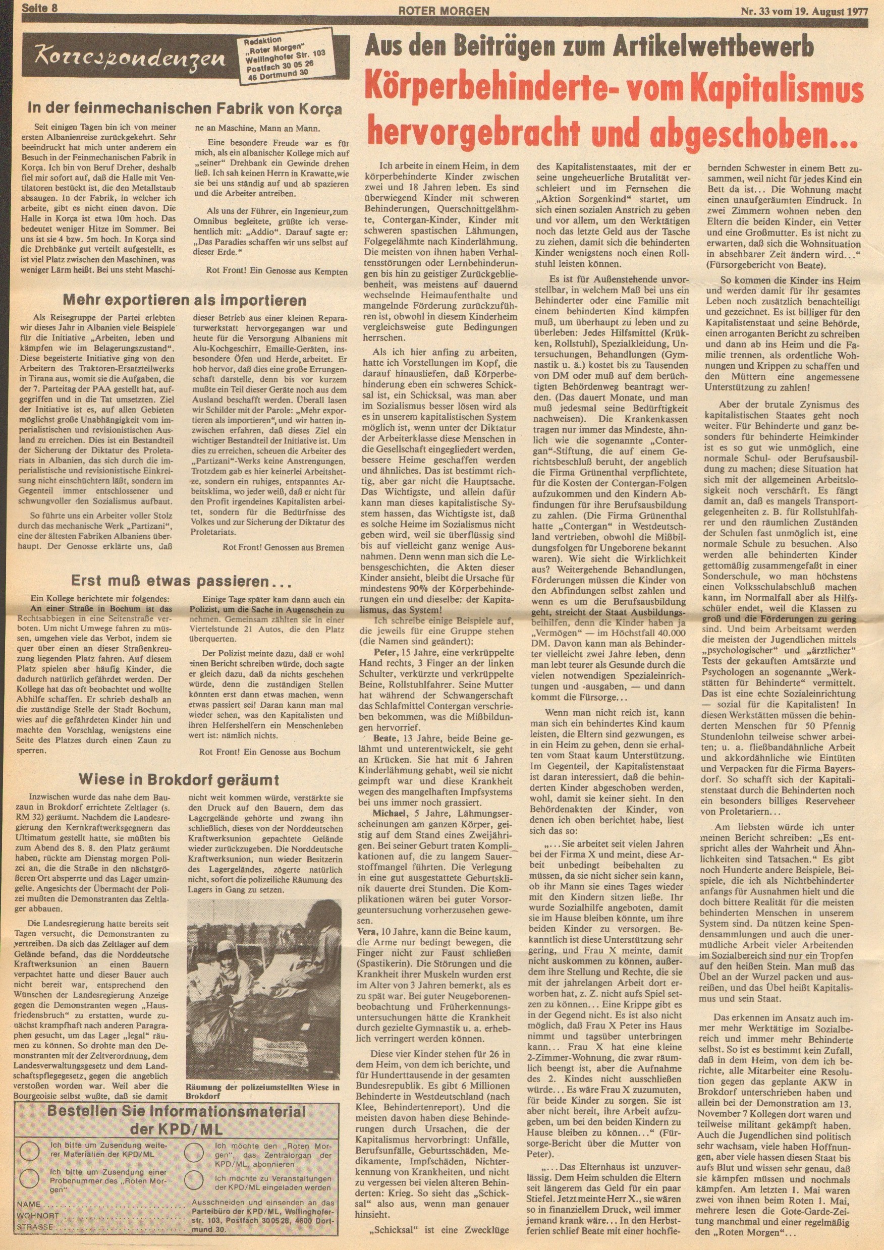 Roter Morgen, 11. Jg., 19. August 1977, Nr. 33, Seite 8