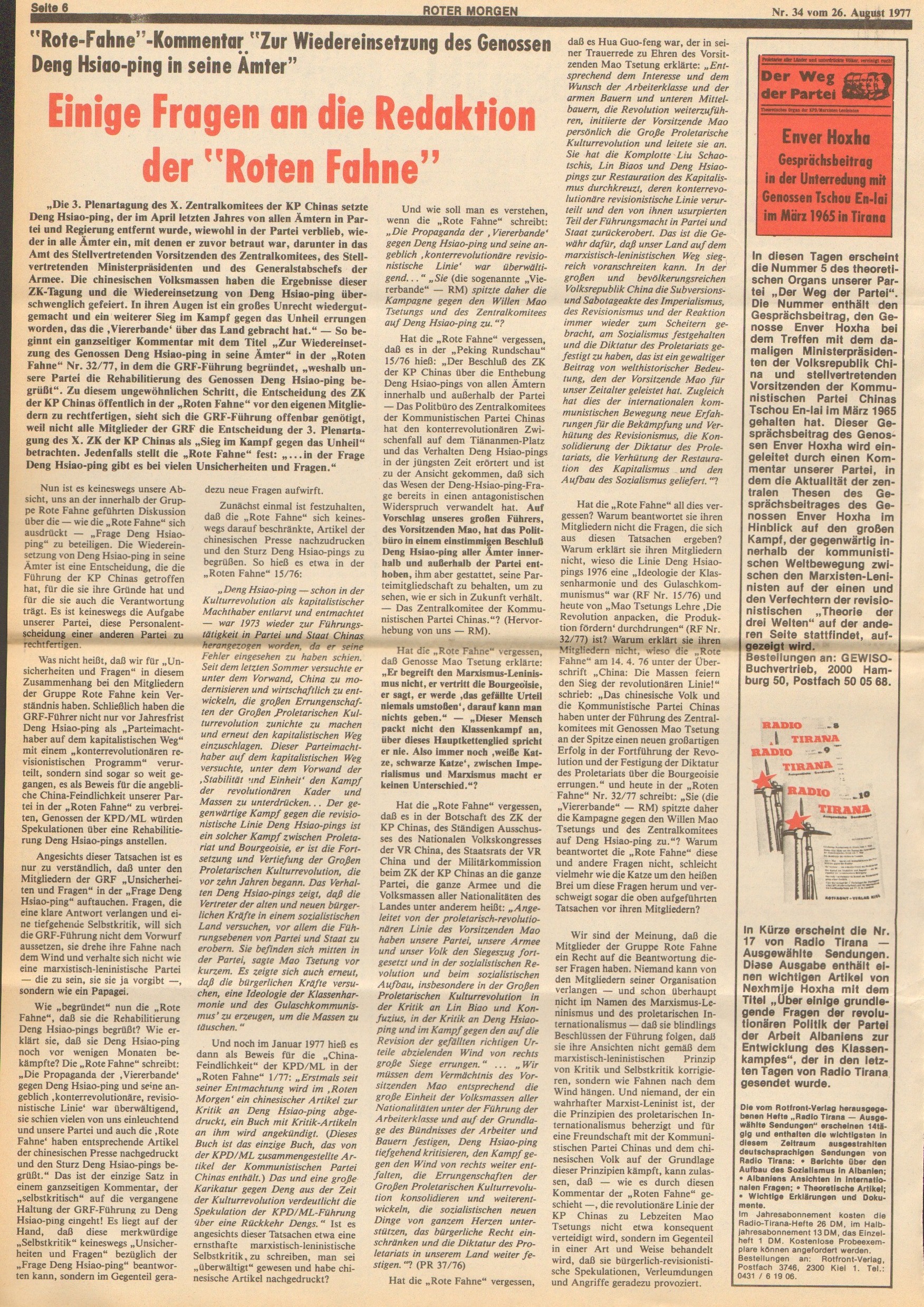 Roter Morgen, 11. Jg., 26. August 1977, Nr. 34, Seite 6
