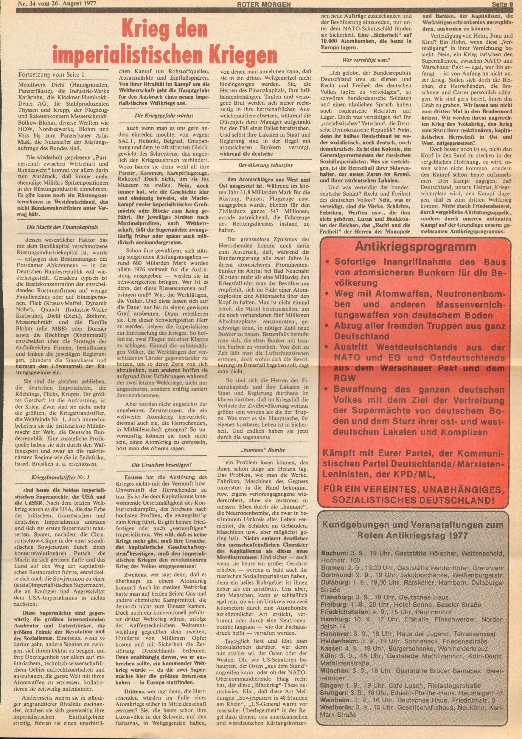 Roter Morgen, 11. Jg., 26. August 1977, Nr. 34, Seite 9