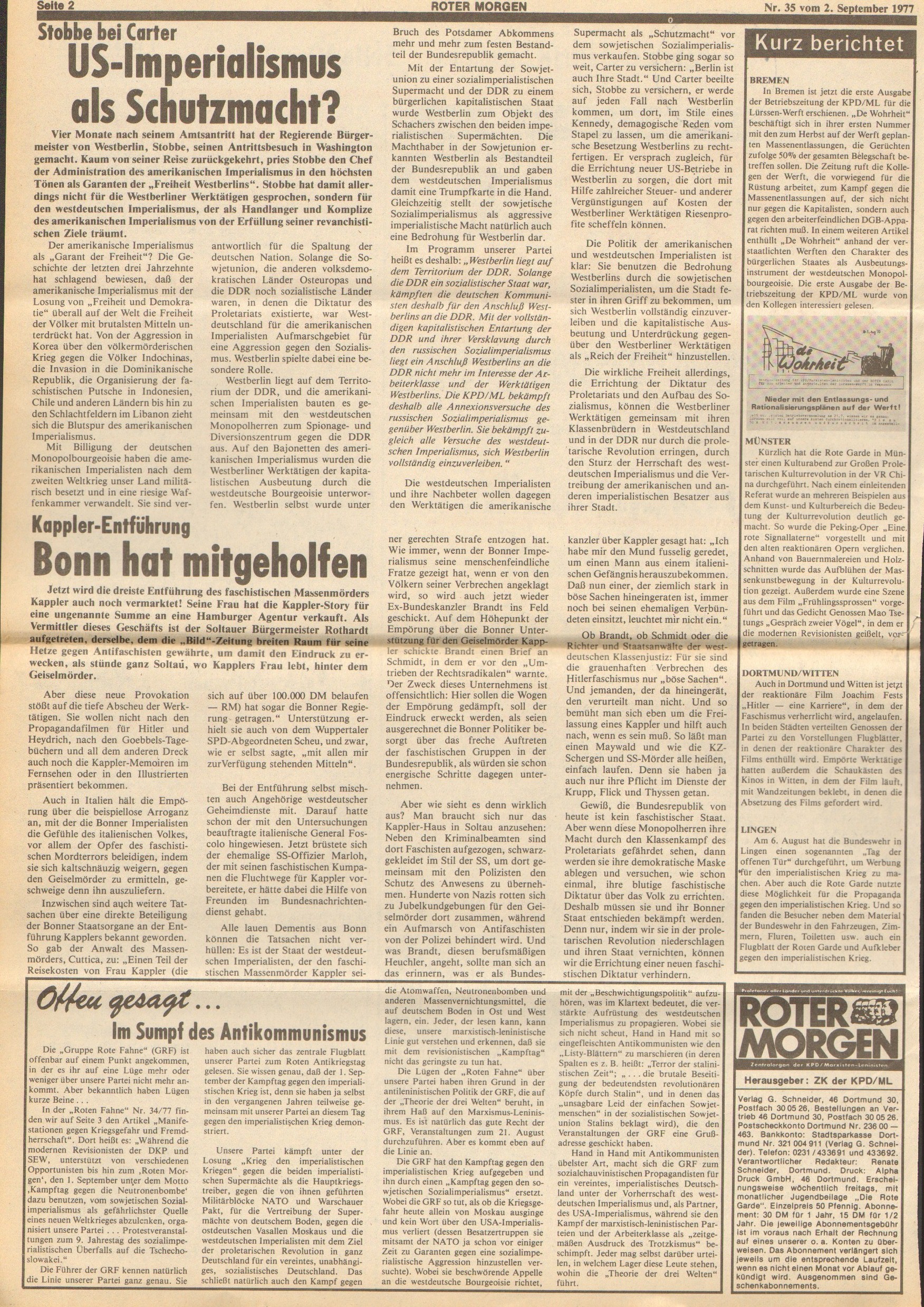 Roter Morgen, 11. Jg., 2. September 1977, Nr. 35, Seite 2