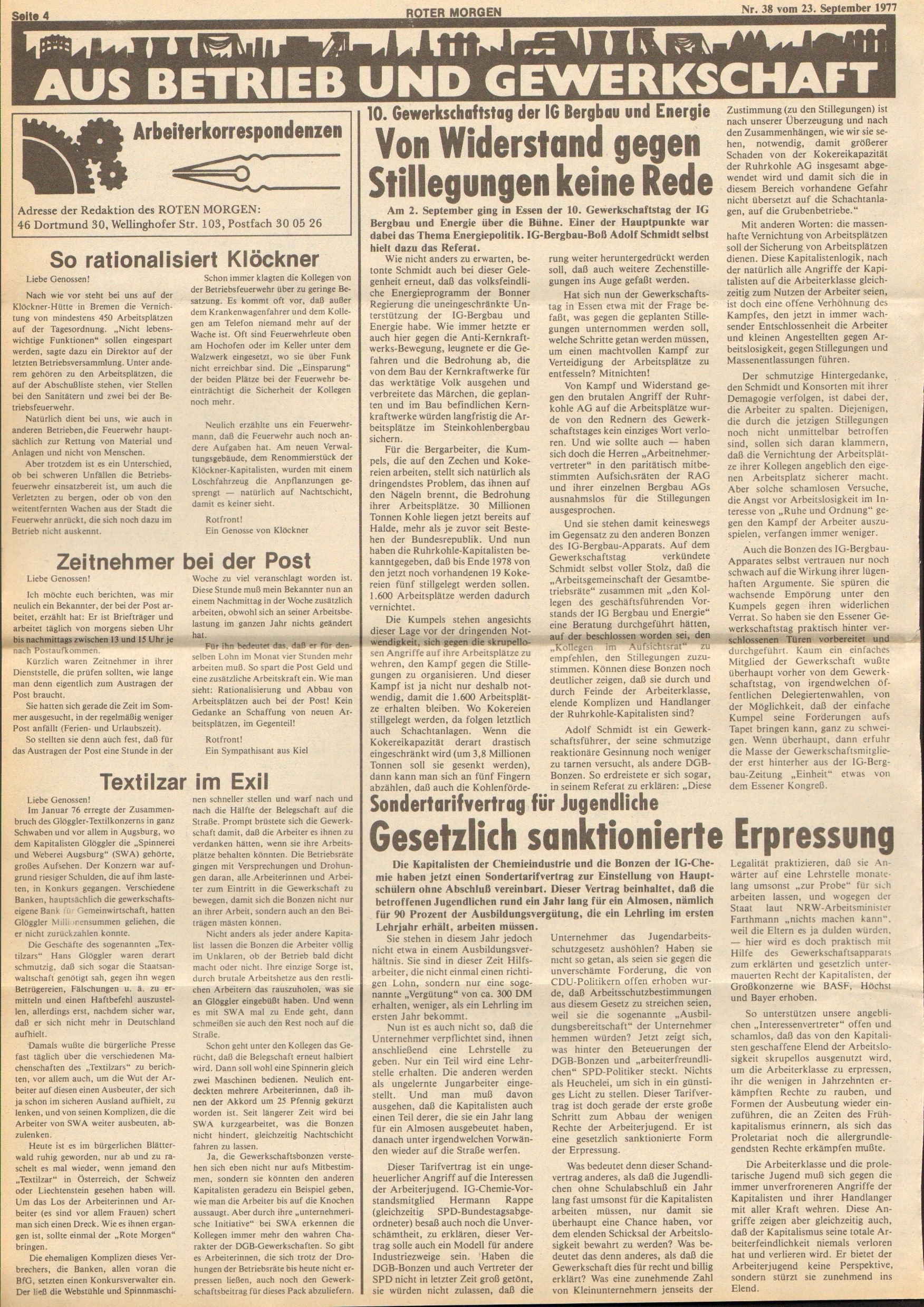 Roter Morgen, 11. Jg., 23. September 1977, Nr. 38, Seite 4