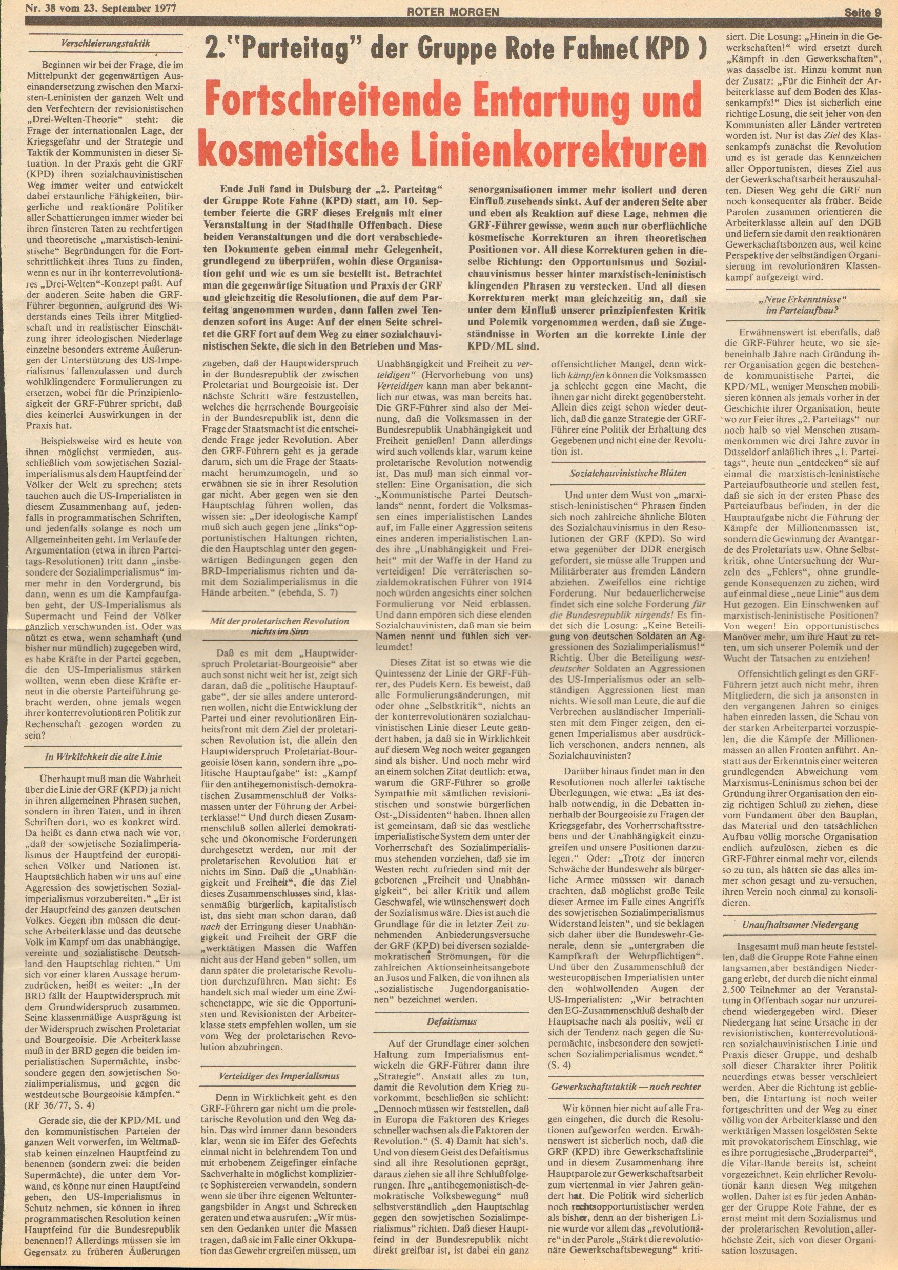 Roter Morgen, 11. Jg., 23. September 1977, Nr. 38, Seite 9
