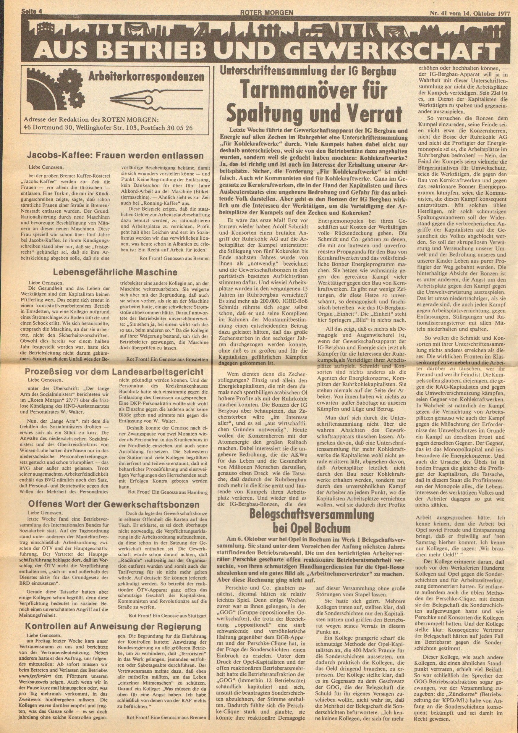 Roter Morgen, 11. Jg., 14. Oktober 1977, Nr. 41, Seite 4