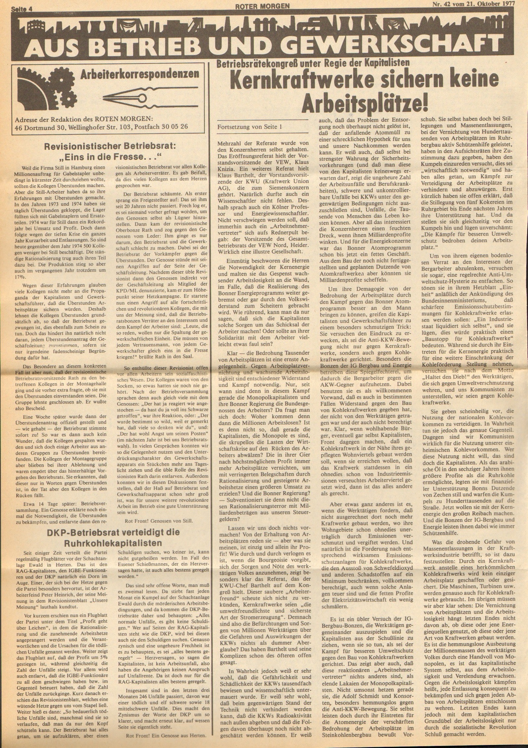 Roter Morgen, 11. Jg., 21. Oktober 1977, Nr. 42, Seite 4