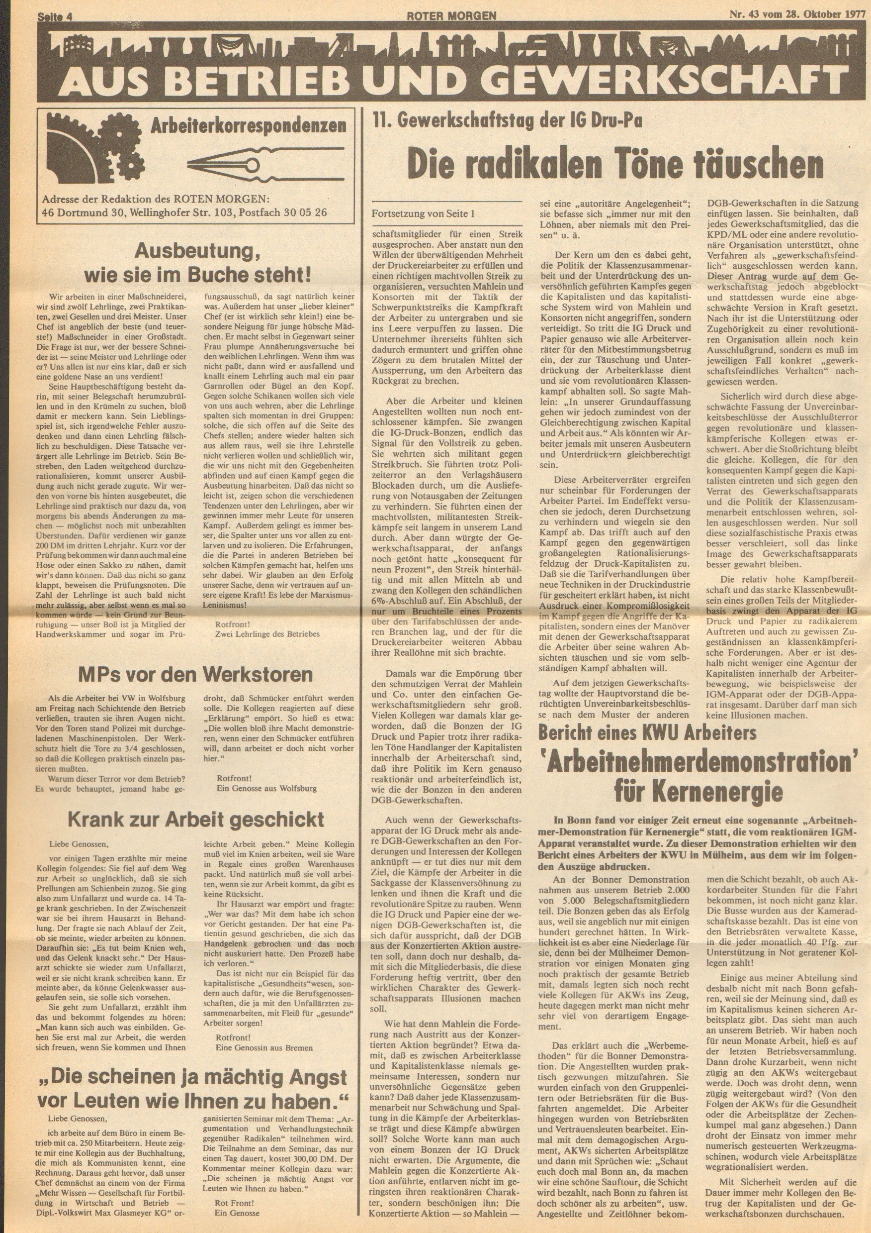 Roter Morgen, 11. Jg., 28. Oktober 1977, Nr. 43, Seite 4