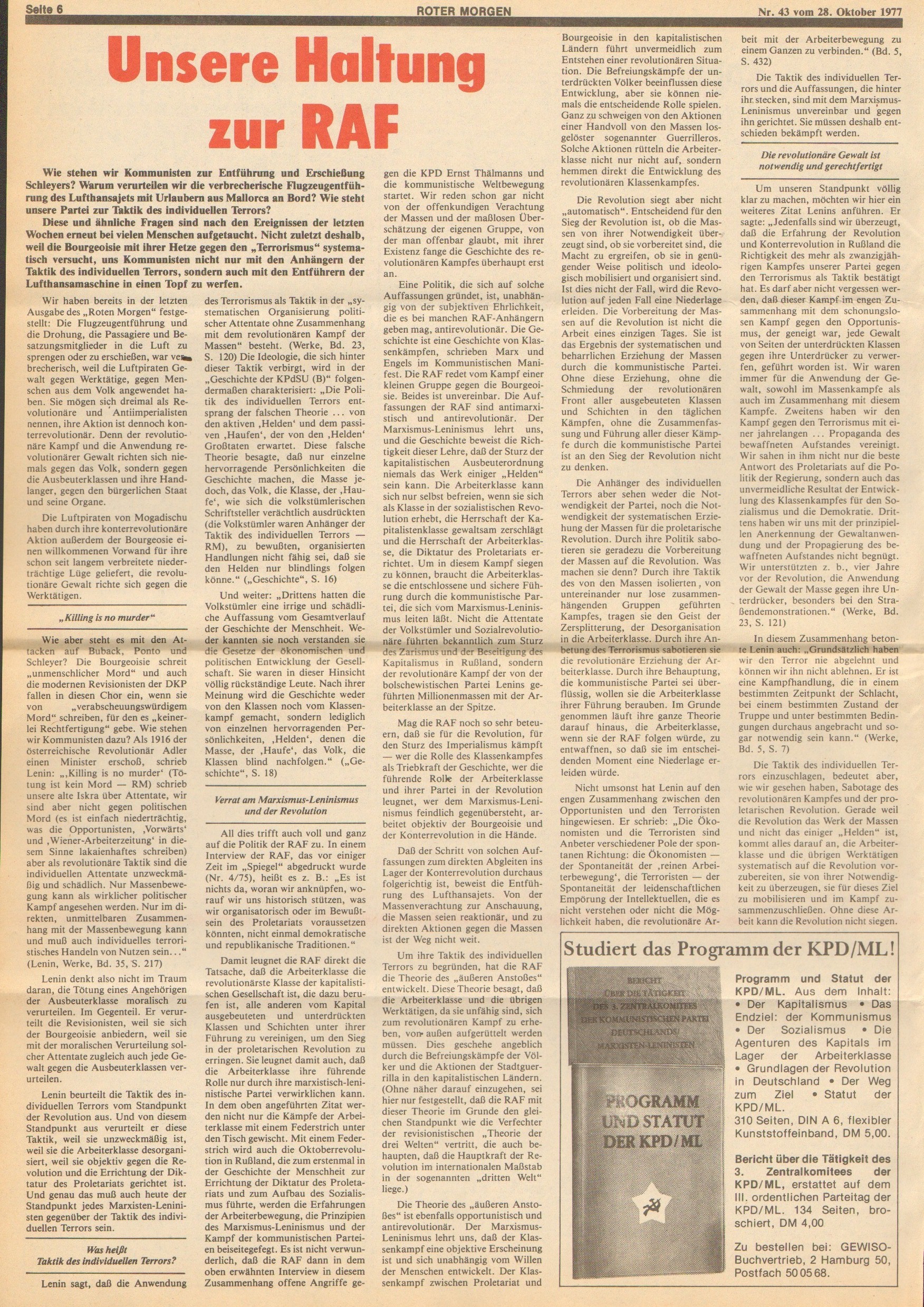 Roter Morgen, 11. Jg., 28. Oktober 1977, Nr. 43, Seite 6