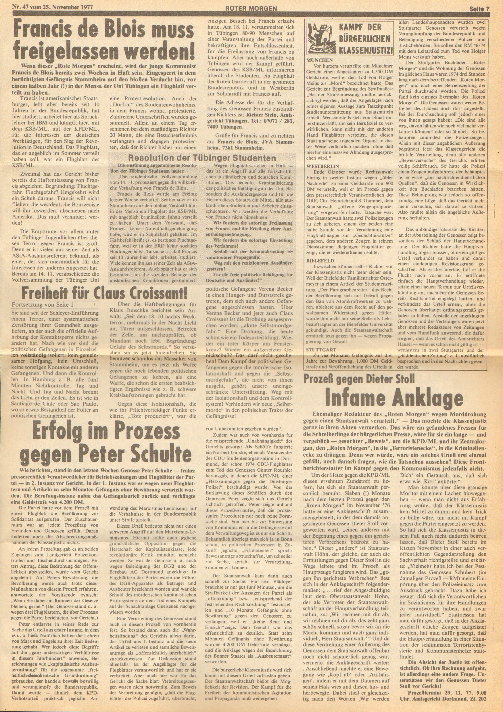 Roter Morgen, 11. Jg., 25. November 1977, Nr. 47, Seite 7