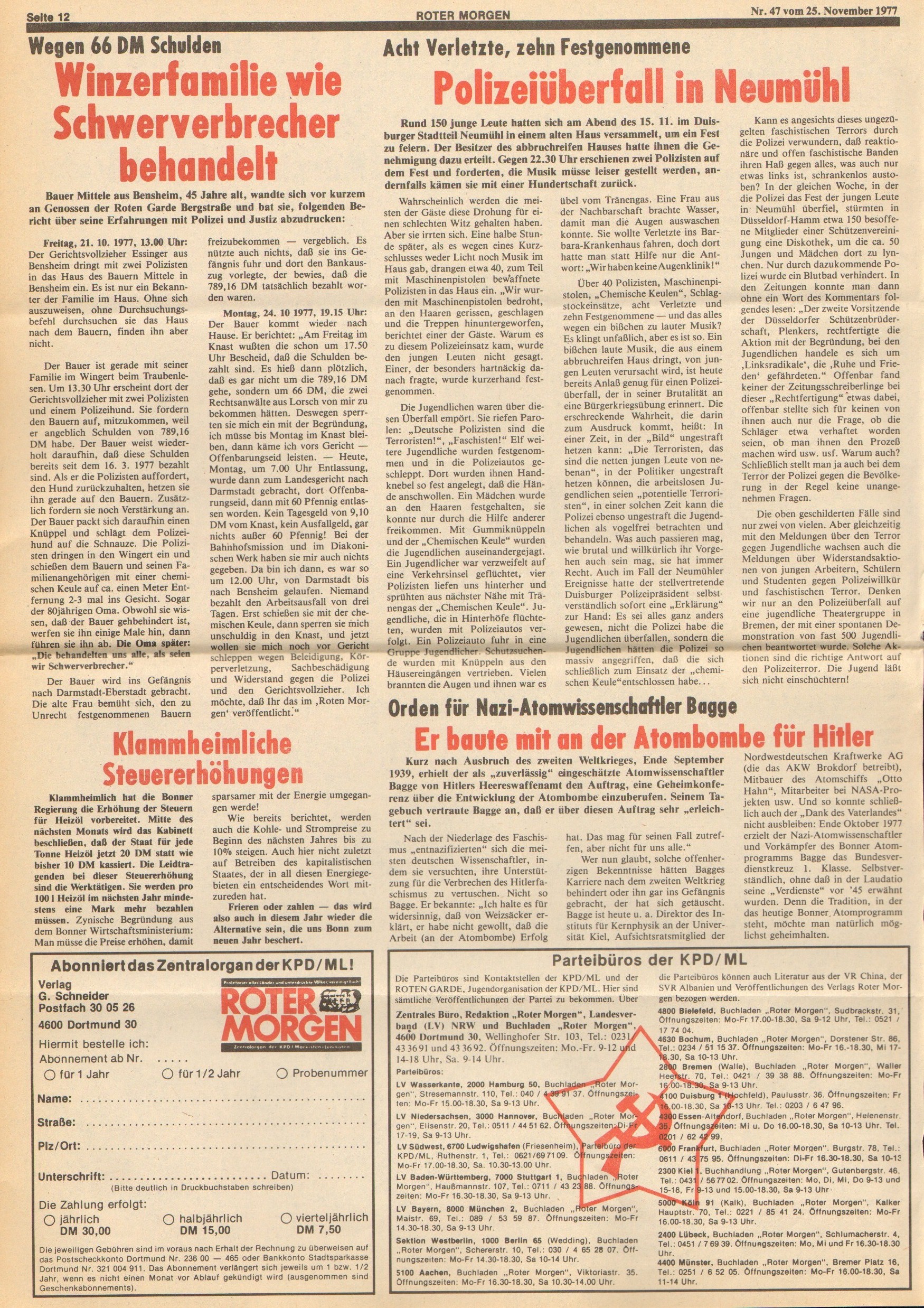 Roter Morgen, 11. Jg., 25. November 1977, Nr. 47, Seite 12