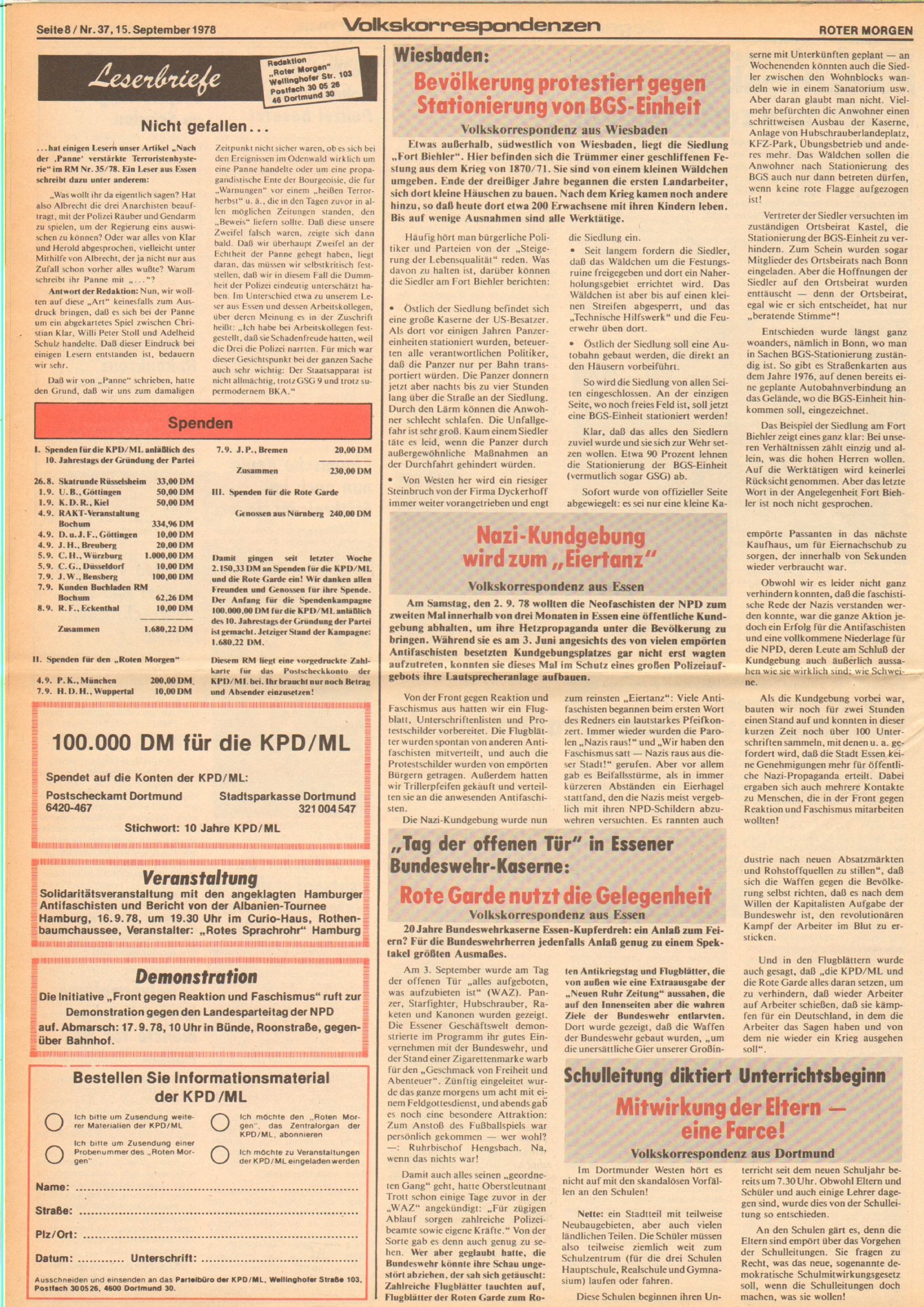 Roter Morgen, 12. Jg., 15. September 1978, Nr. 37, Seite 8