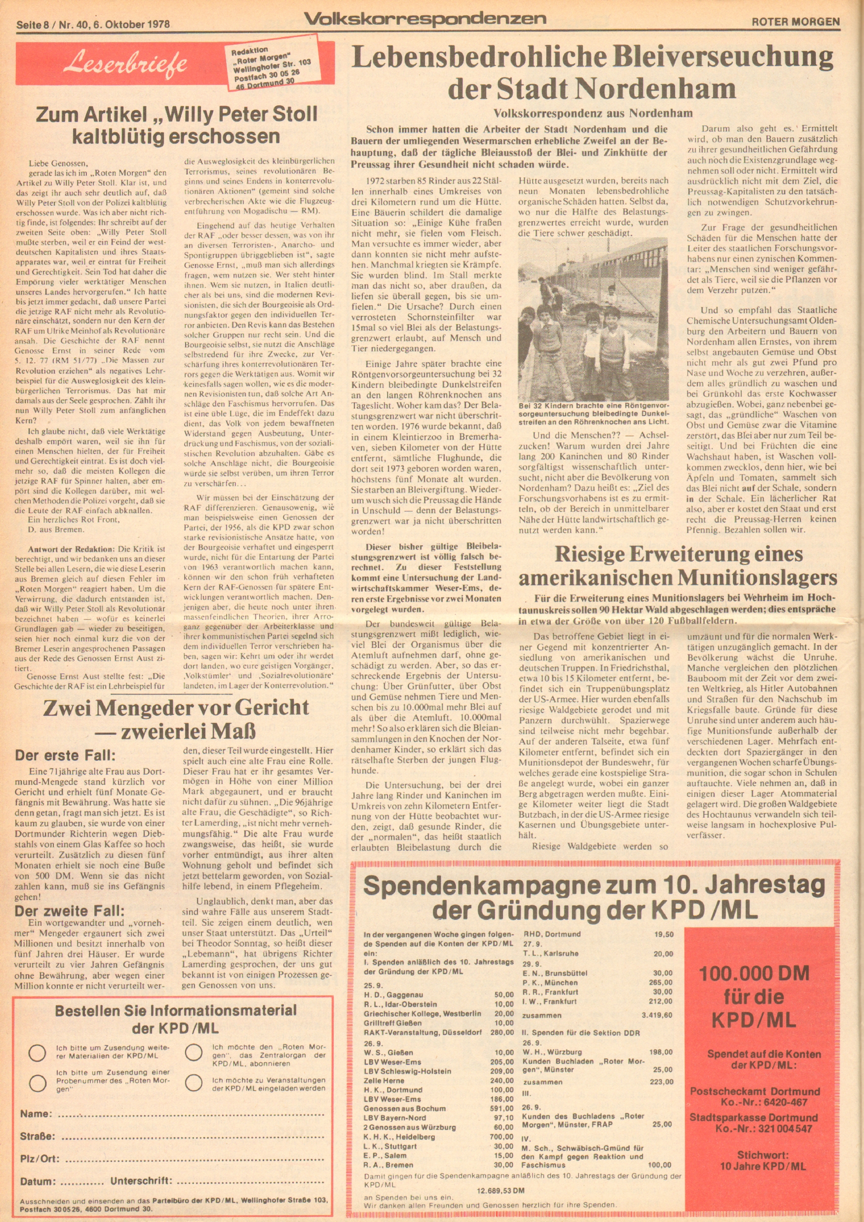 Roter Morgen, 12. Jg., 6. Oktober 1978, Nr. 40, Seite 8